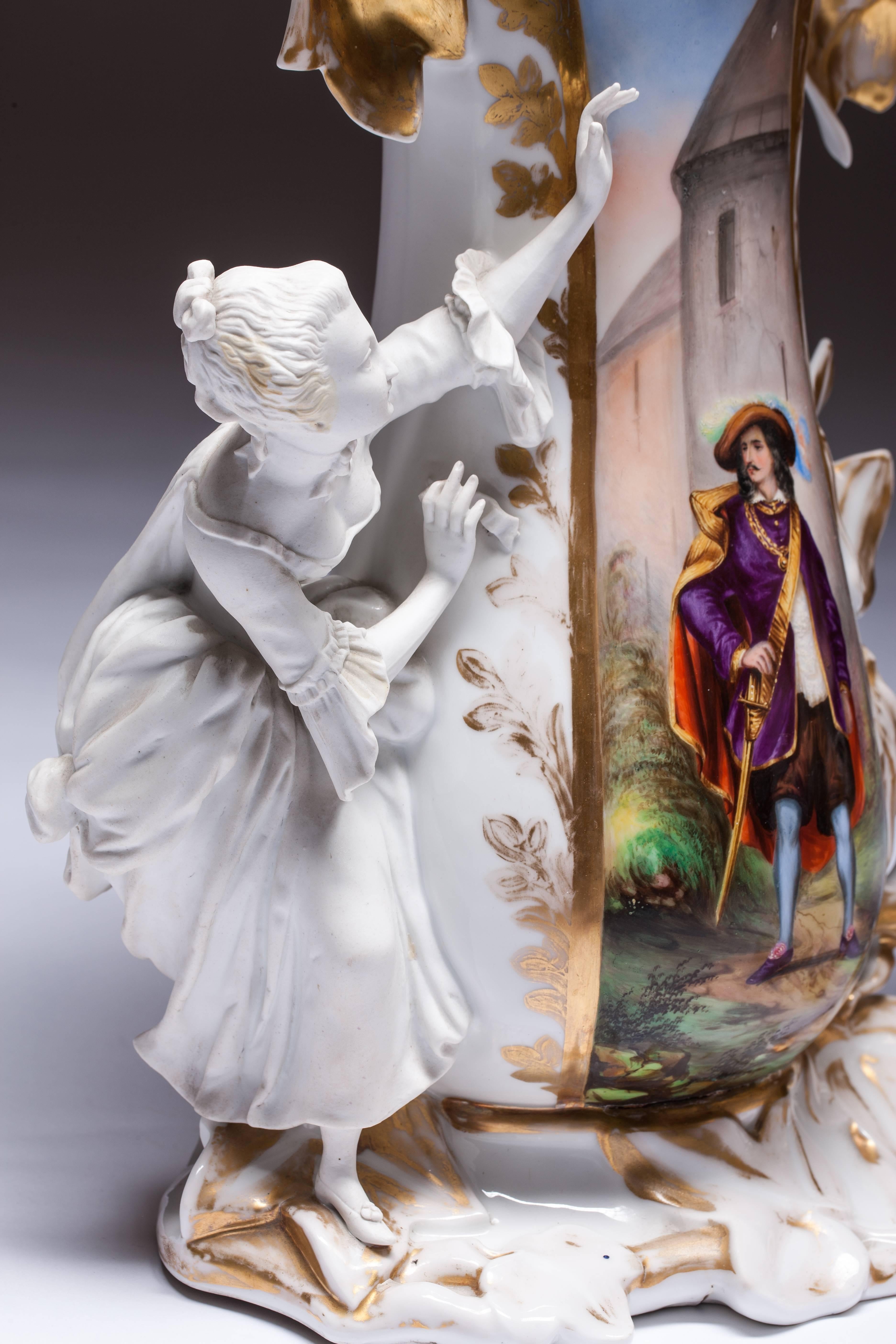 Old Paris Hand-Painted Porcelain Vase with Bisque Figurines For Sale 2