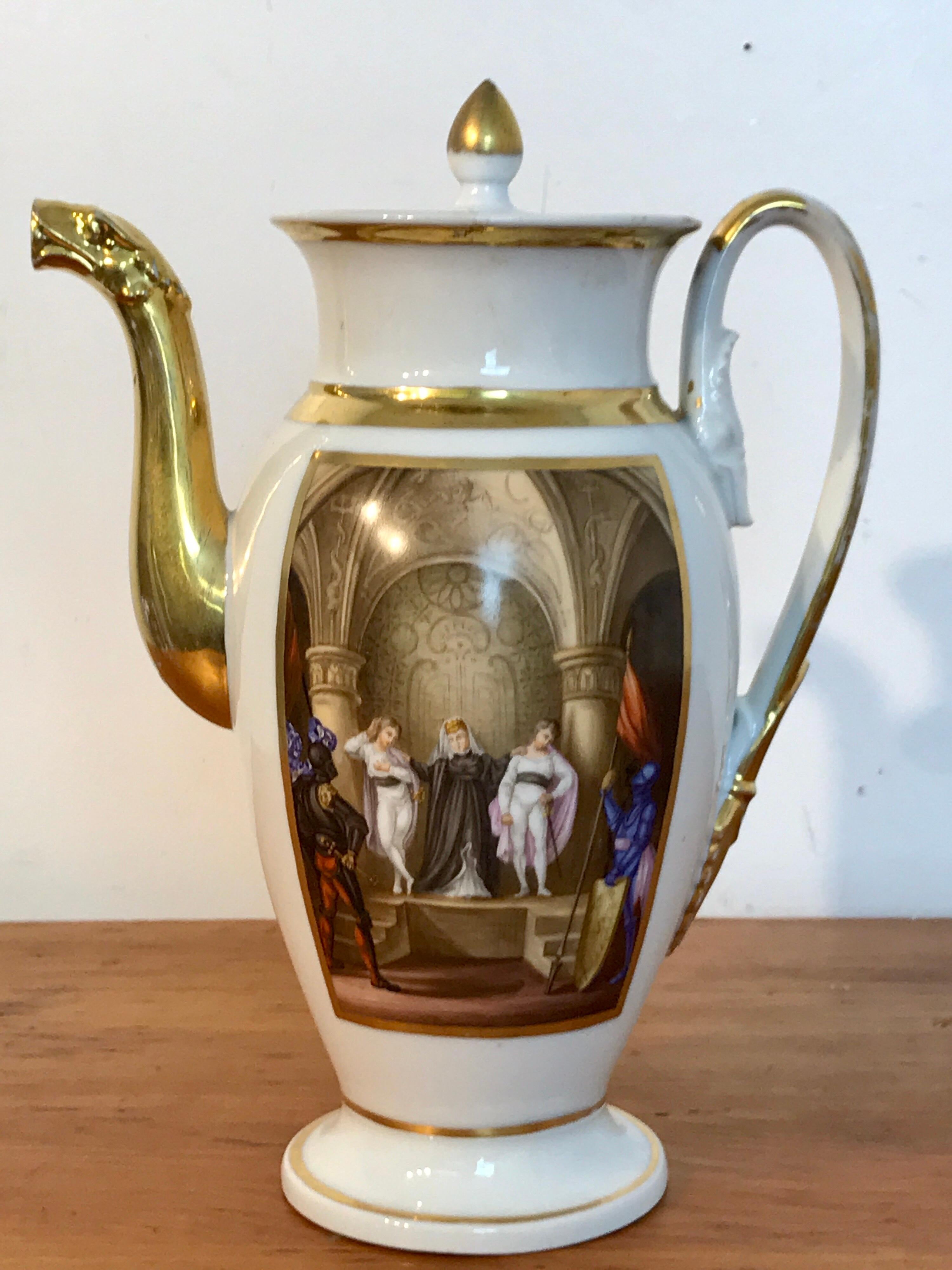 Old Paris operatic/theatrical motif coffee pot, 1840
Painted on both sides with two different interior theatrical scenes. Unmarked.