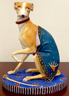Old Paris Polychromed Biscuit Porcelain Model of Seated Draped Armorial Whippet
