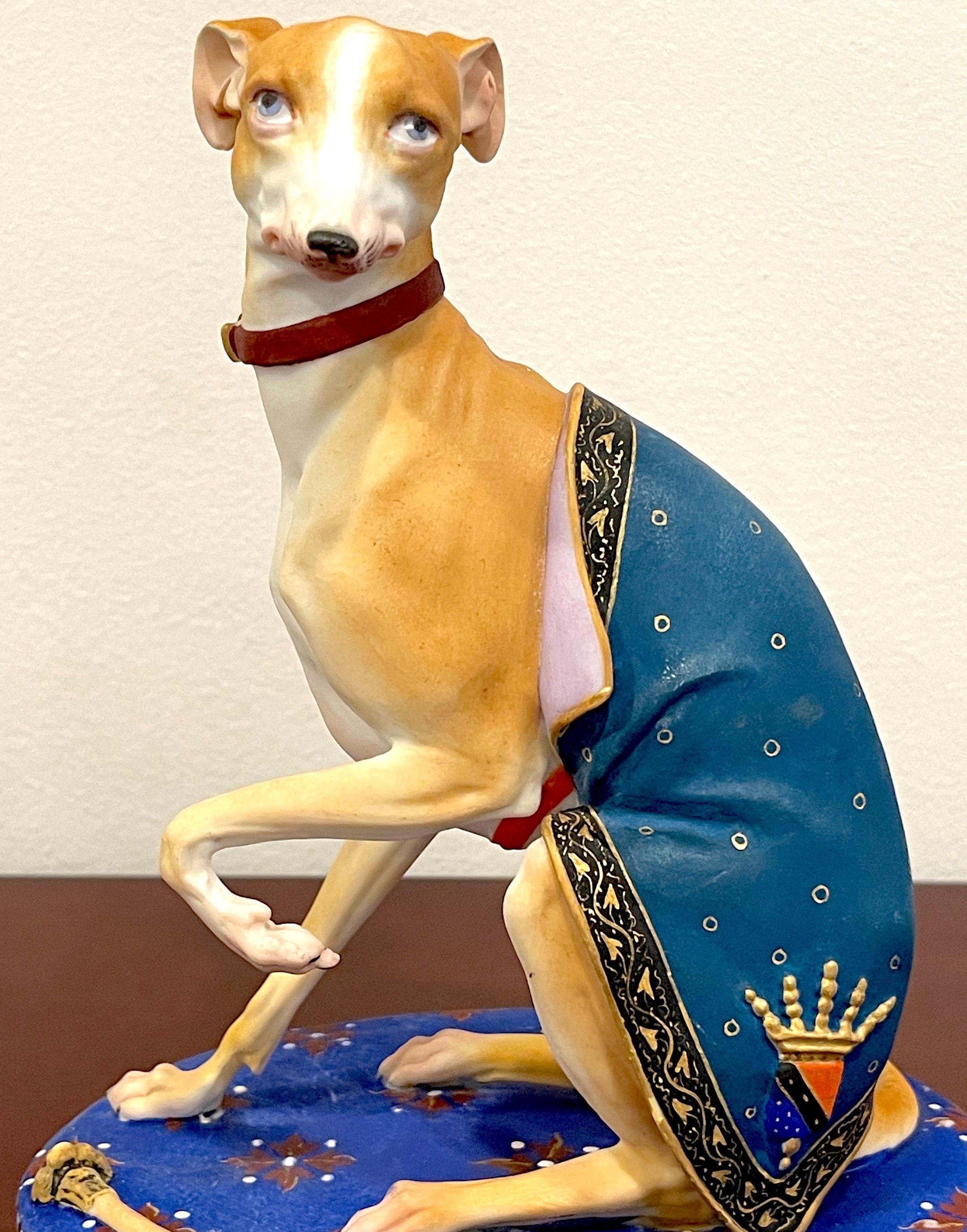 Neoclassical Old Paris Polychromed Biscuit Porcelain Model of Seated Draped Armorial Whippet 