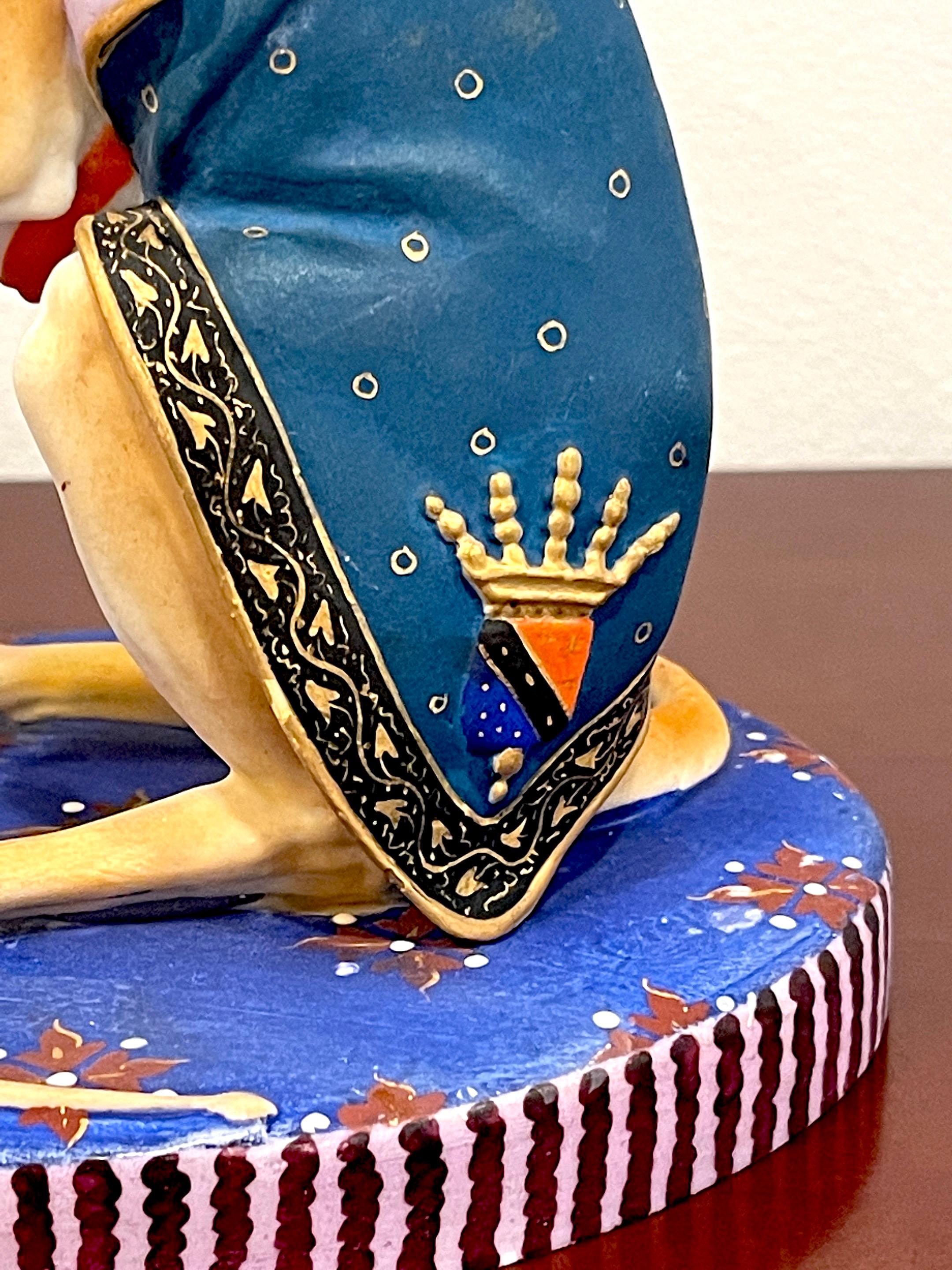 French Old Paris Polychromed Biscuit Porcelain Model of Seated Draped Armorial Whippet