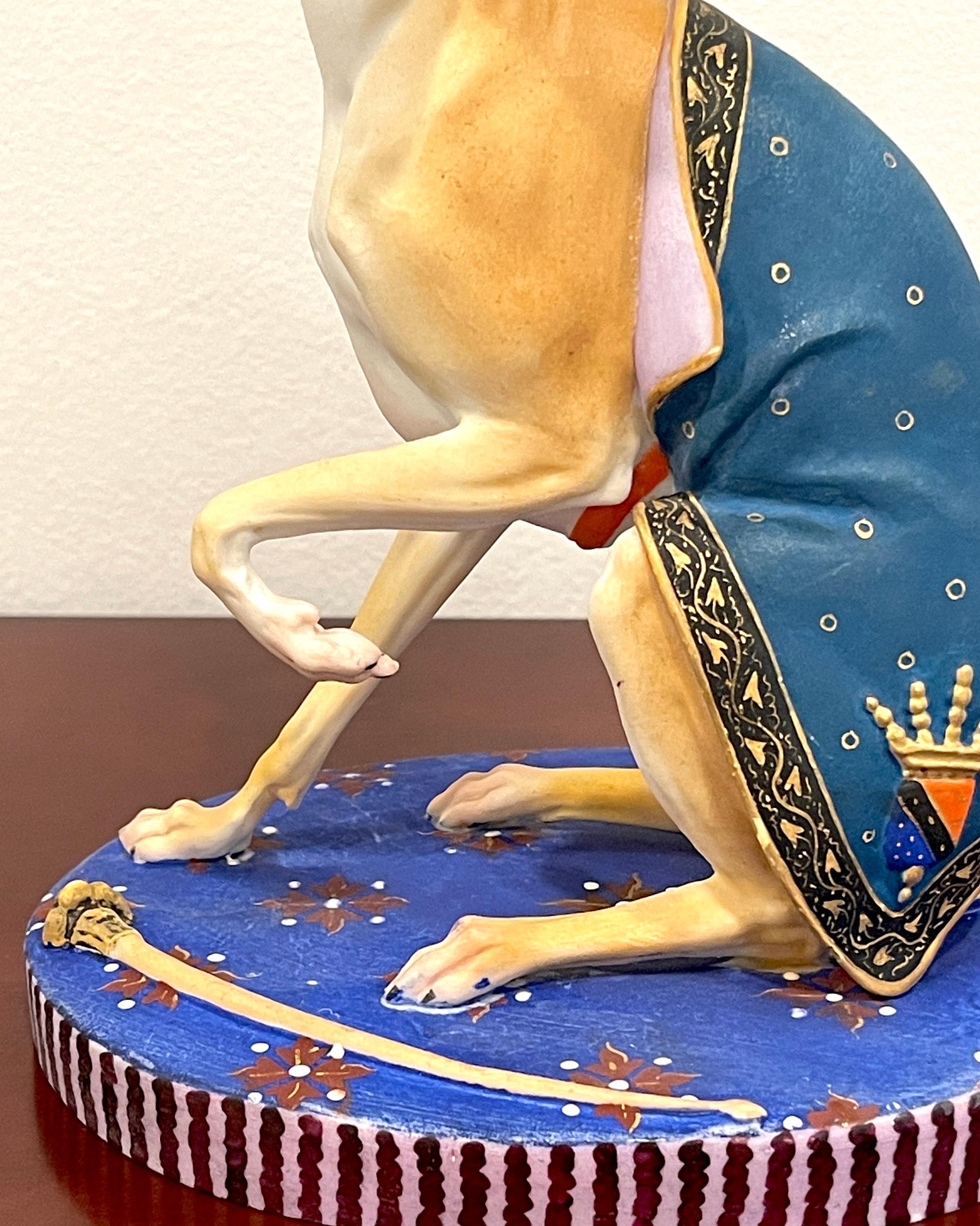 Hand-Painted Old Paris Polychromed Biscuit Porcelain Model of Seated Draped Armorial Whippet 