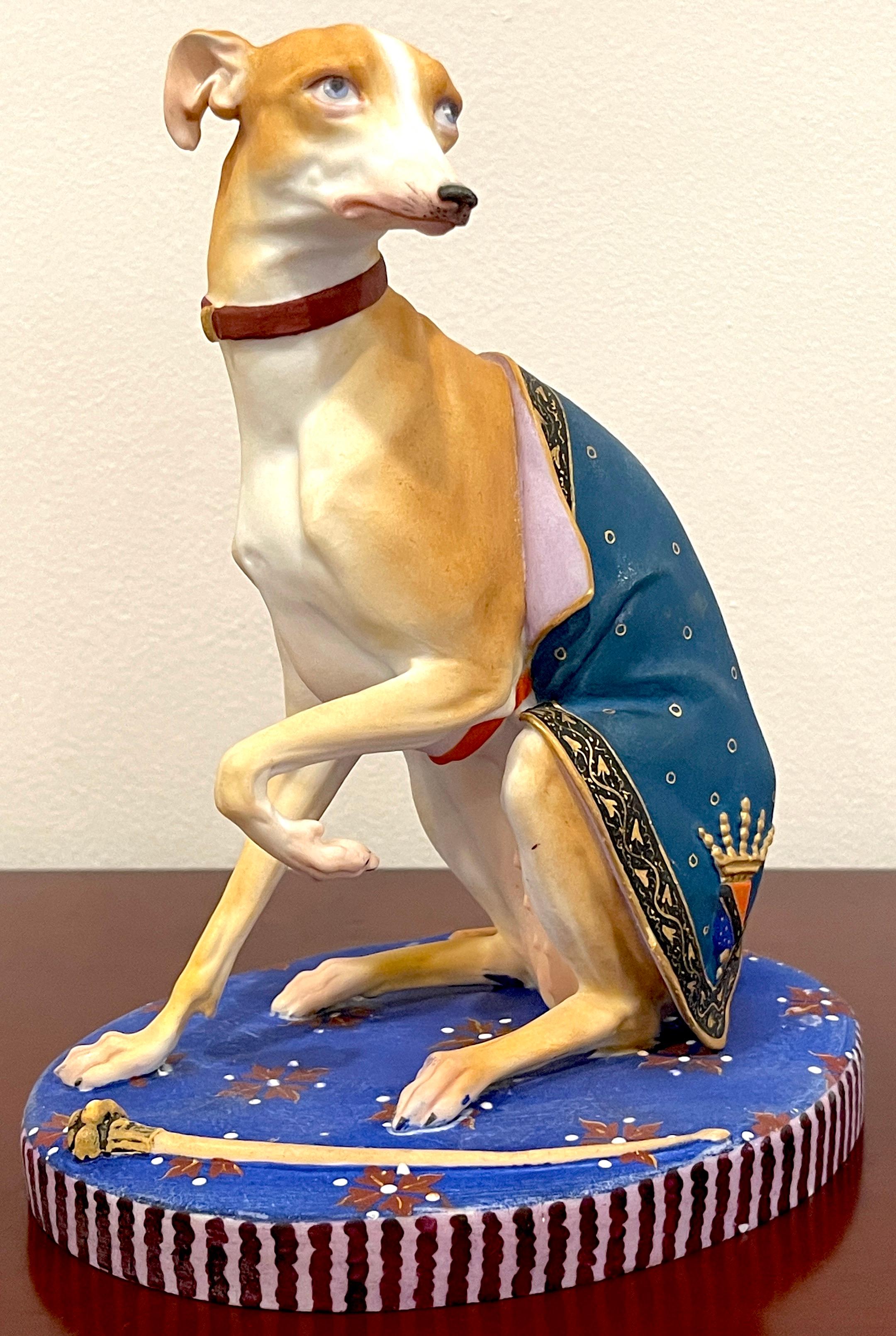 Old Paris Polychromed Biscuit Porcelain Model of Seated Draped Armorial Whippet  In Good Condition In West Palm Beach, FL