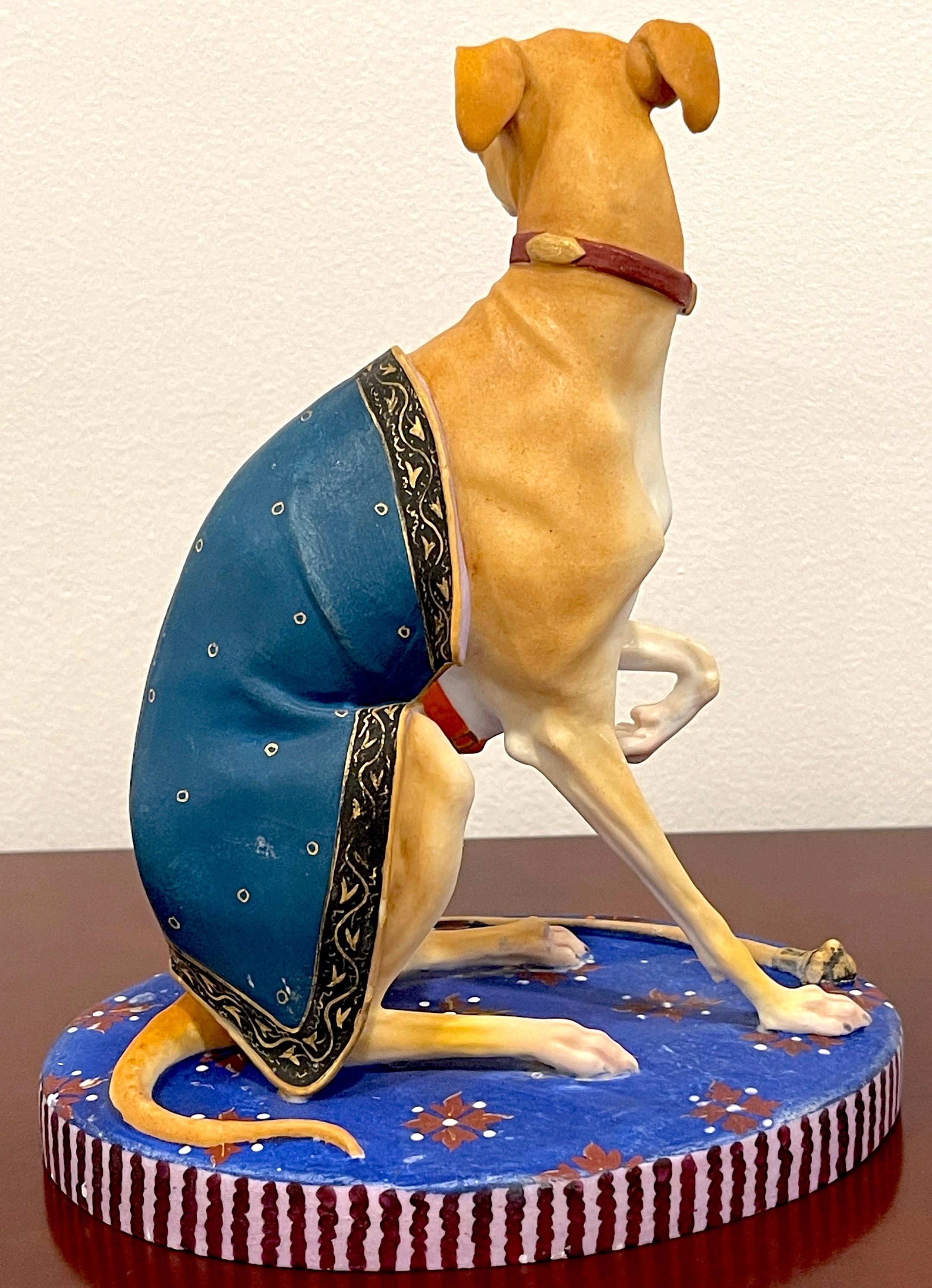 Old Paris Polychromed Biscuit Porcelain Model of Seated Draped Armorial Whippet  1