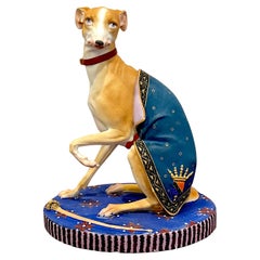 Antique Old Paris Polychromed Biscuit Porcelain Model of Seated Draped Armorial Whippet 