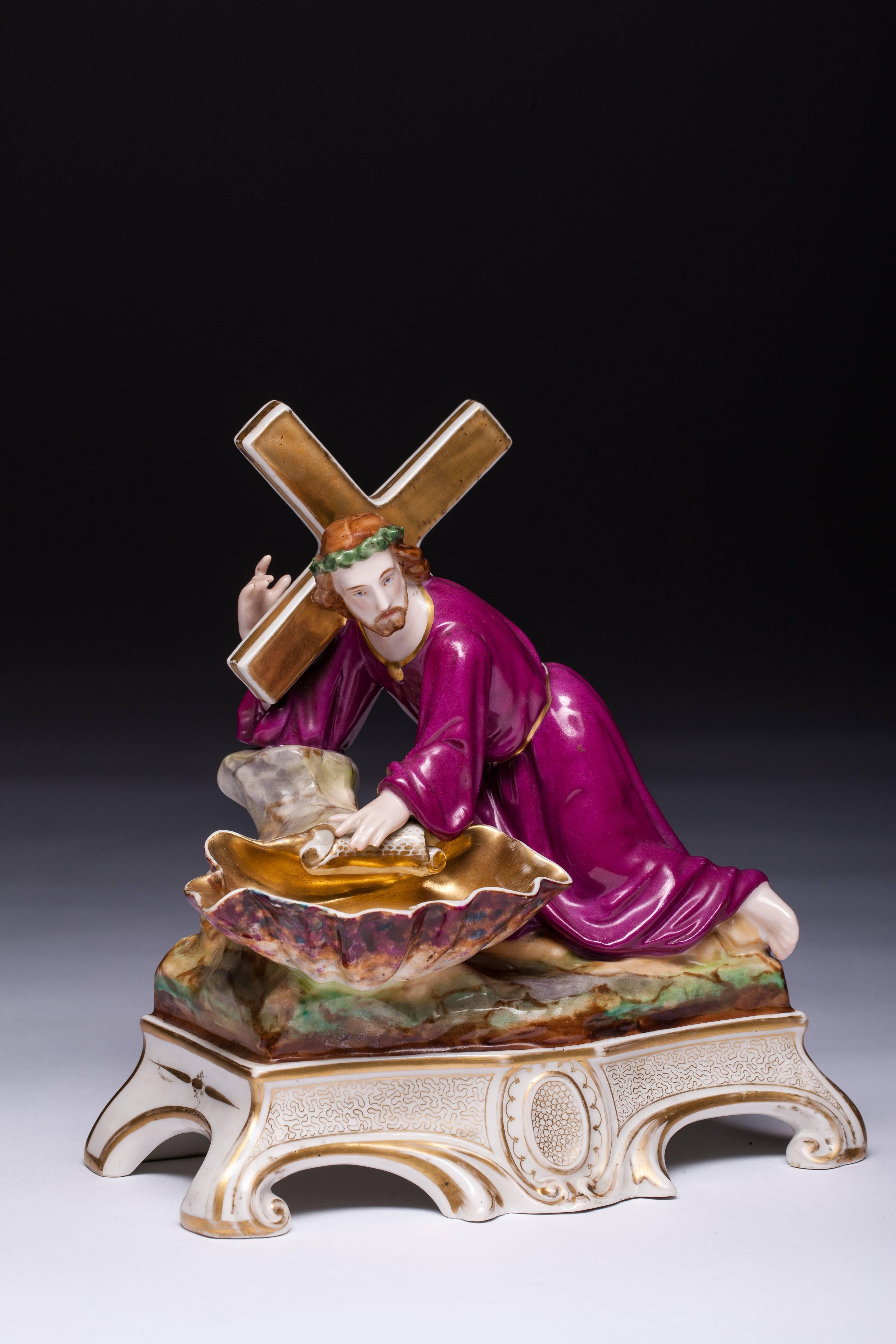 A stunning antique Vieux/Old Paris porcelain statue/holy water font depicting Jesus Christ carrying the Cross on his way to his crucifixion
 
Old Paris porcelain, also referred to as Vieux Paris, refers to the ornately-decorated gilt porcelain