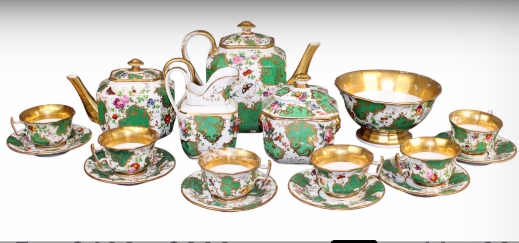 Old Paris Porcelain Gilt & Floral Enamel Hand Painted Coffee & Tea Service Set In Fair Condition For Sale In Atlanta, GA