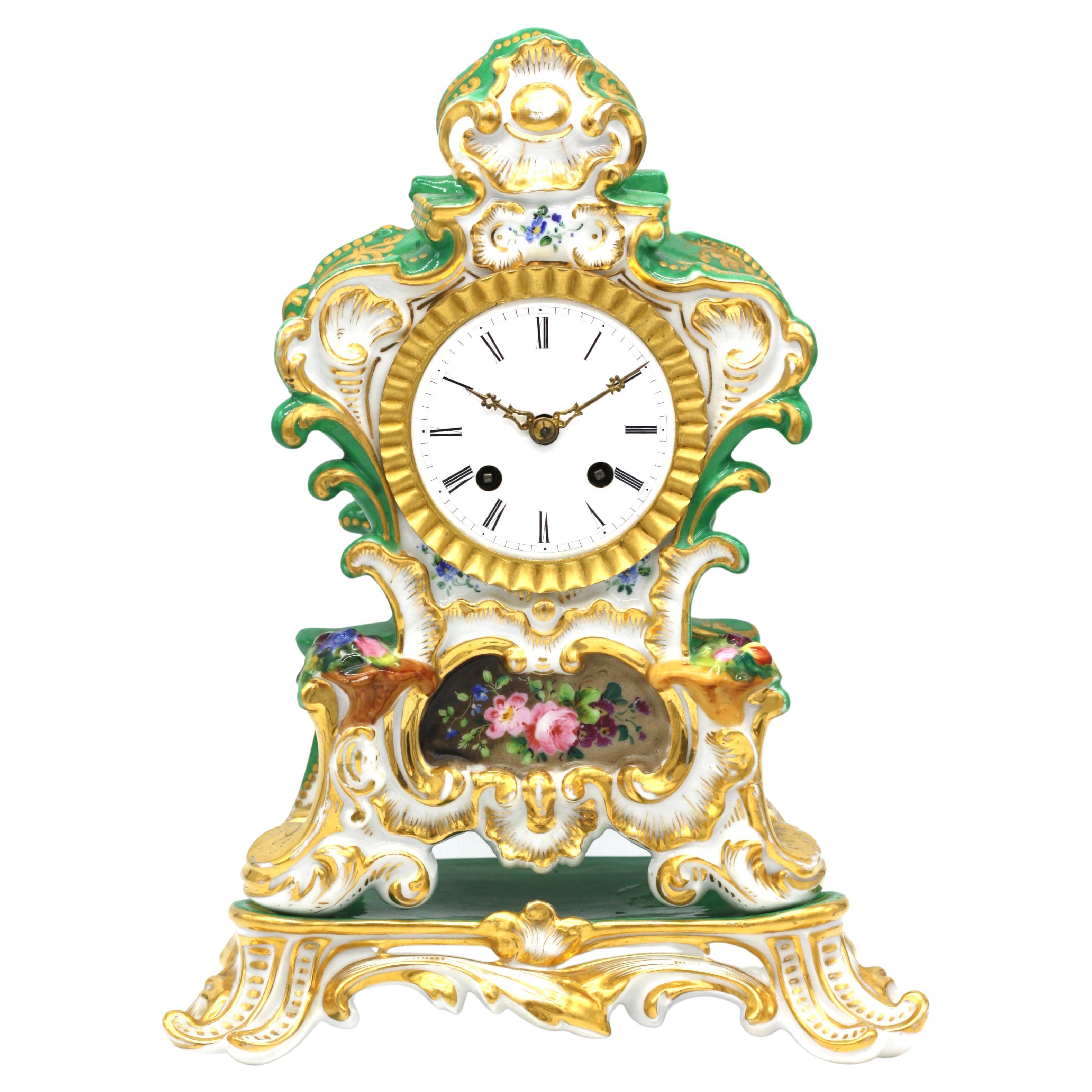 Old Paris Porcelain Mantel Clock and Stand, French, Late 19th Century For Sale