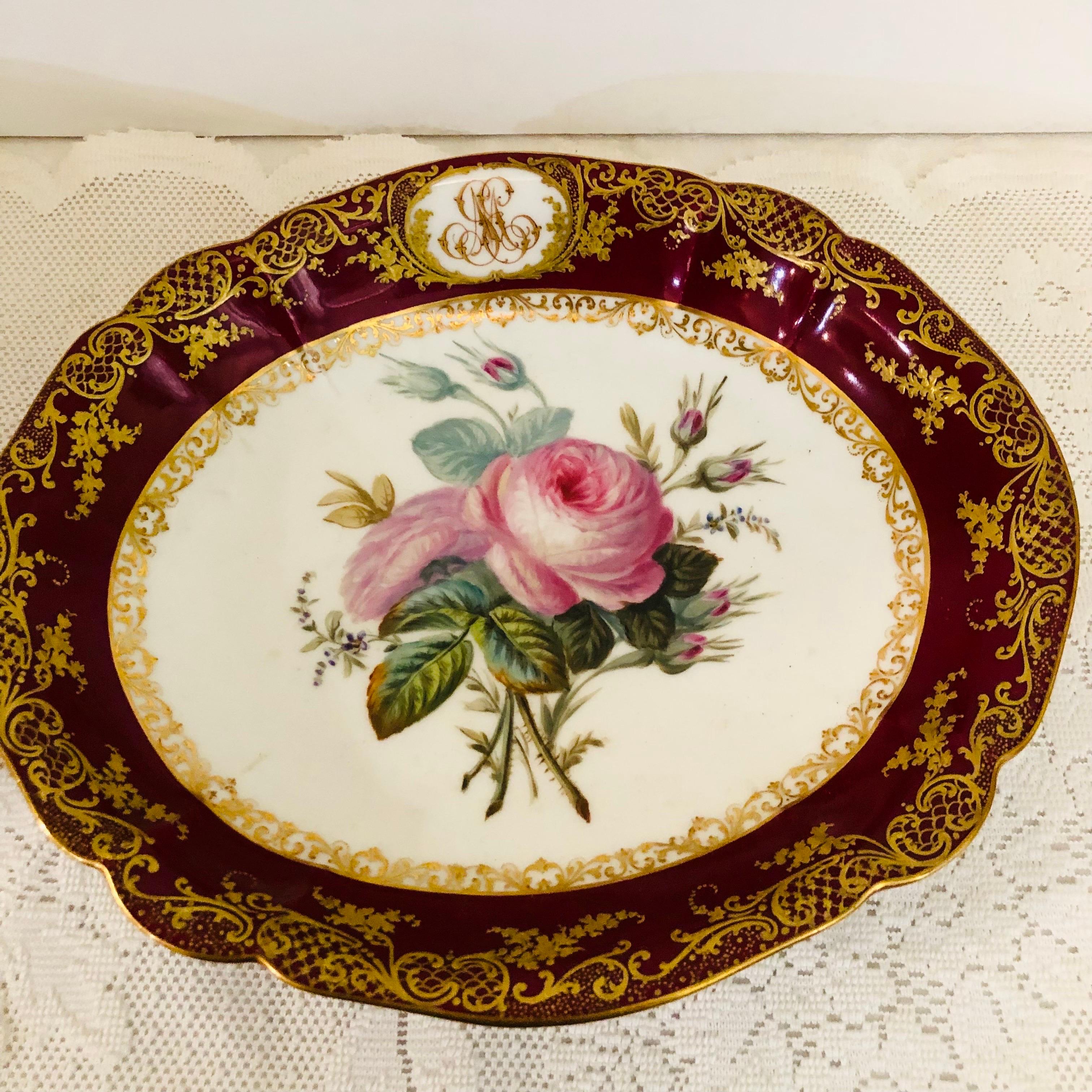 Gilt Old Paris Porcelain Oval Bowl Masterfully Painted With a Bouquet of Pink Roses