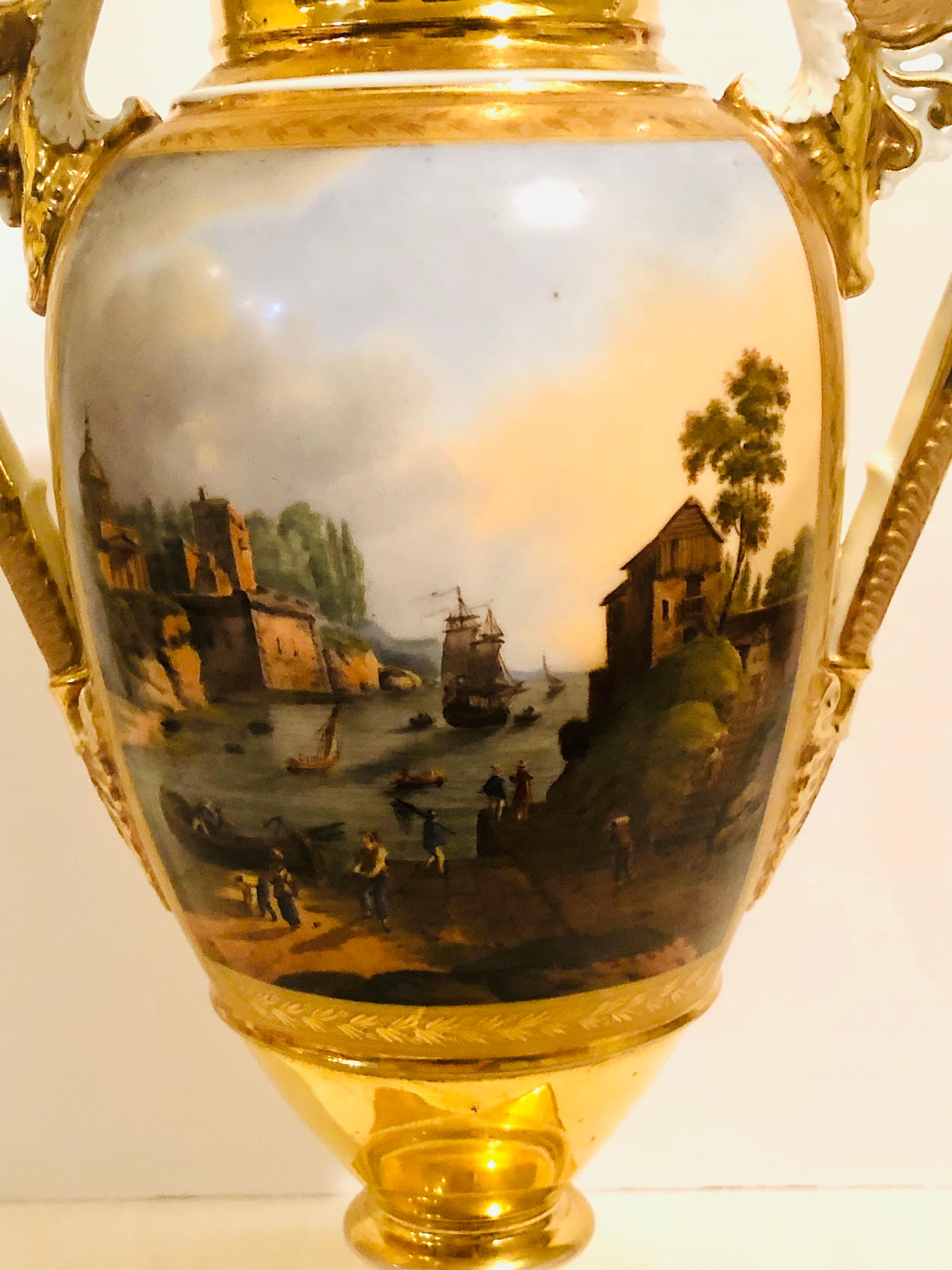 Old Paris Porcelain Vase Painted with Seascape and a Woman and Man on a Row Boat For Sale 1