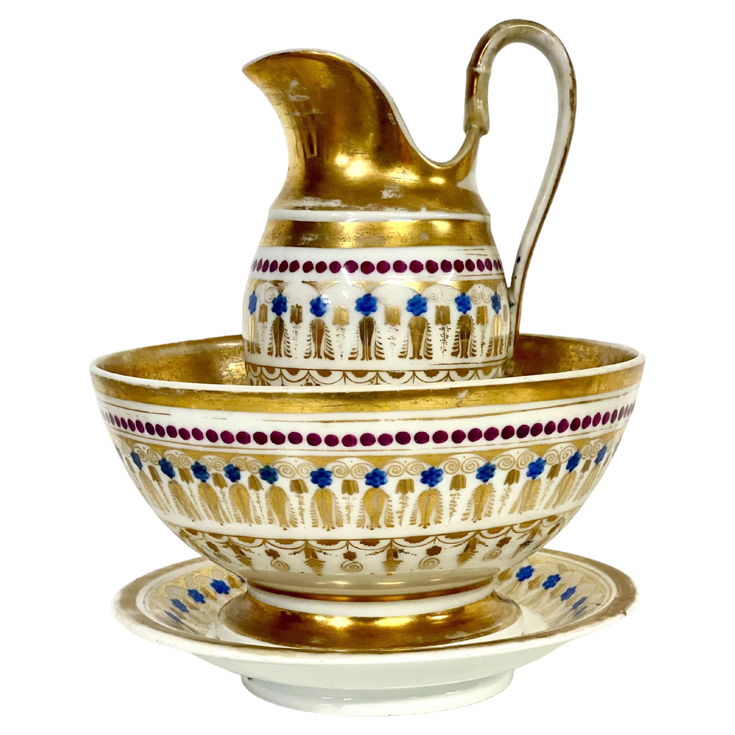 Old Paris Porcelain Wash Jug and Basin with Gilt Decoration For Sale