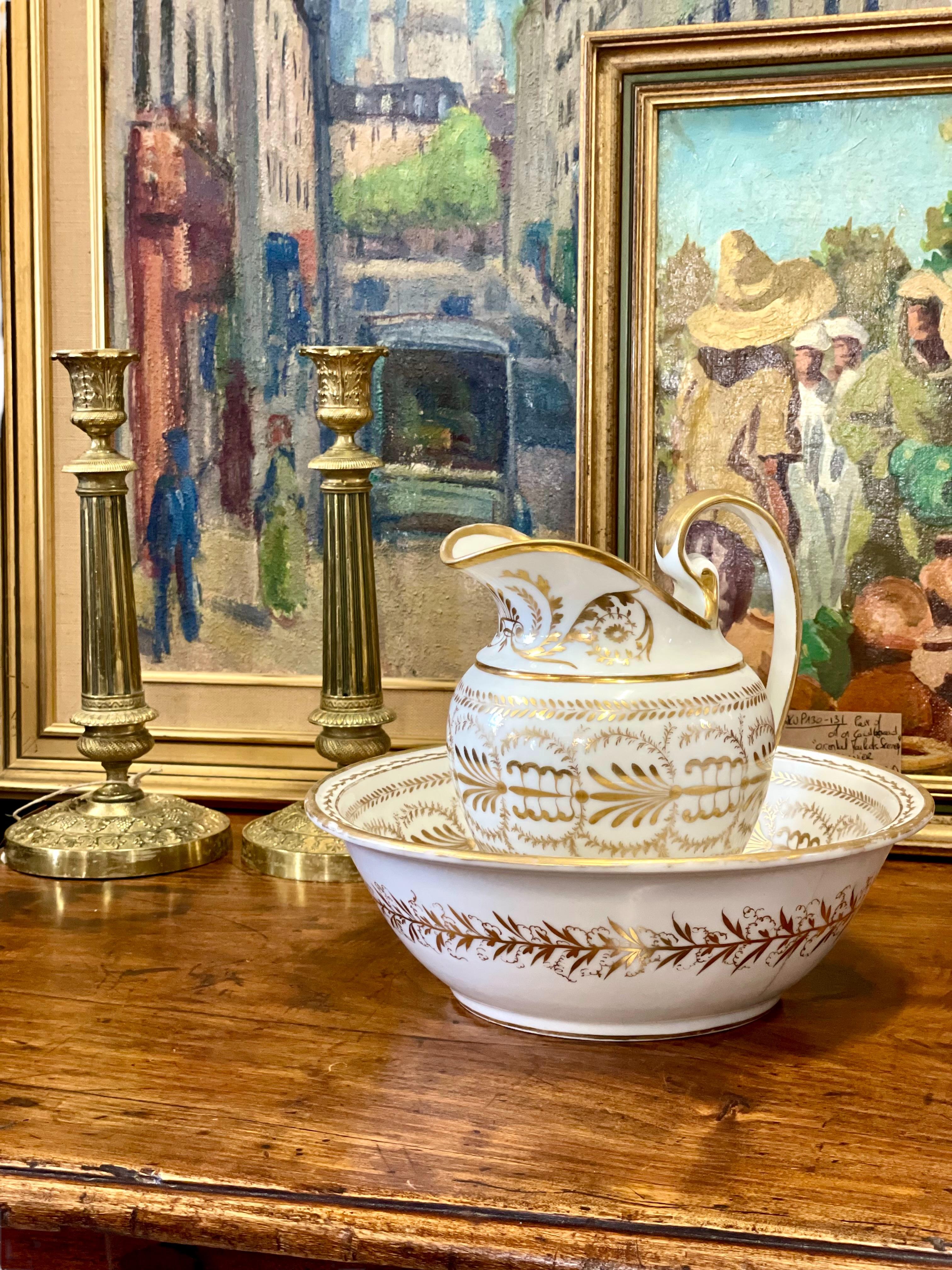 Old Paris Porcelain Wash Jug and Basin with Gilt Decoration For Sale 13