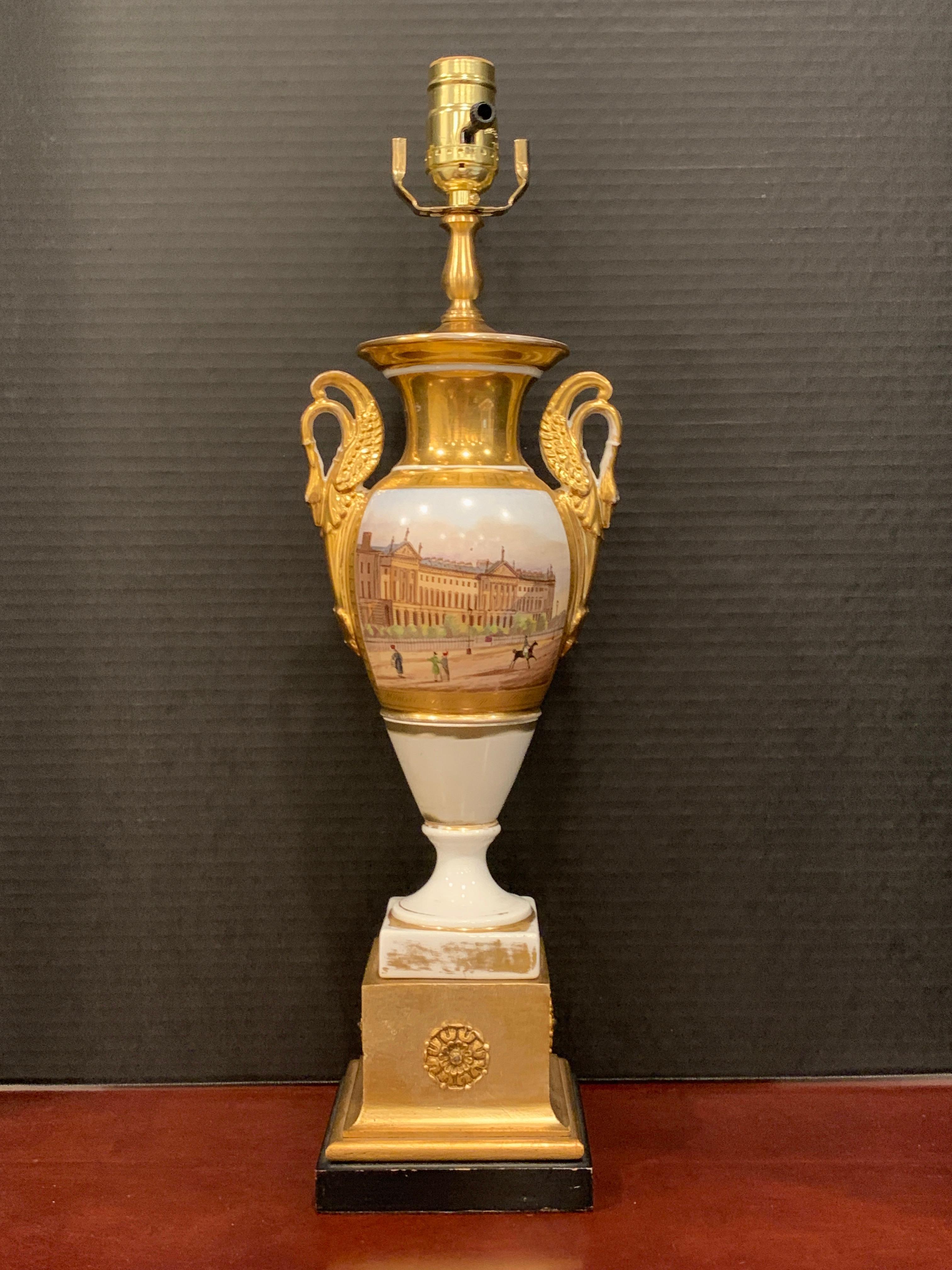 Old Paris Swan handled topographical vase of Hanover terrace, Regents Park
Rare English view on Paris porcelain of John Nash's Cumberland terrace
Now electrified, 21
