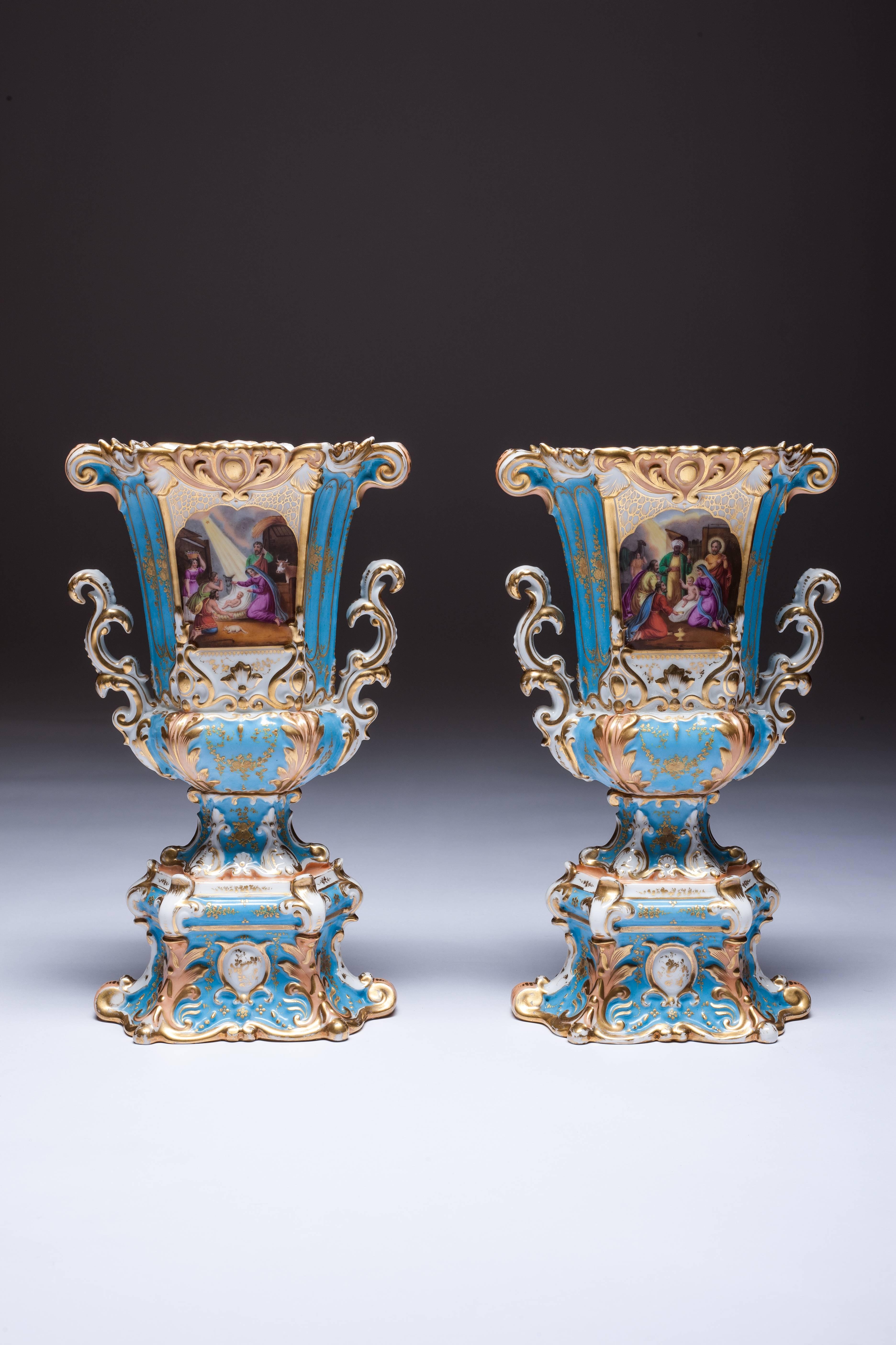 Rare vases. Hand tied the scene of the Bible with Jesus Christ

Antique Rococo French Old Paris hand porcelain vase with scrolling double handles, the vase decorated with front hand-painted plaque of Jesus Christ. The back side hand-painted with