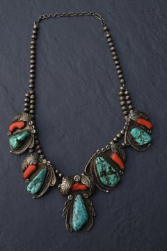 Old Pawn Kingman Turquoise & Coral Sterling Necklace - Vintage Southwestern
