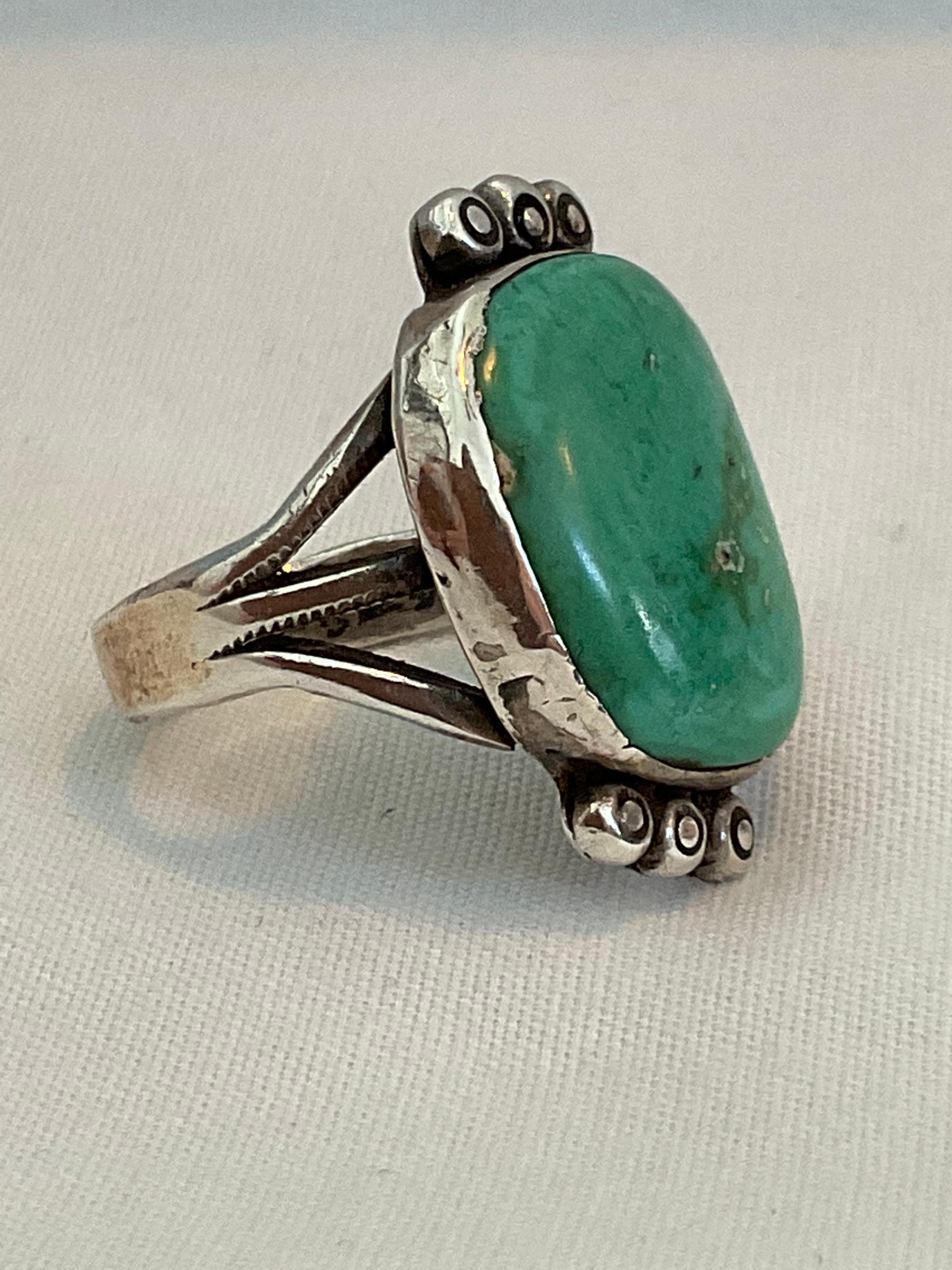 Women's or Men's Old Pawn Native American Carico Lake Green Turquoise Sterling Silver Ring