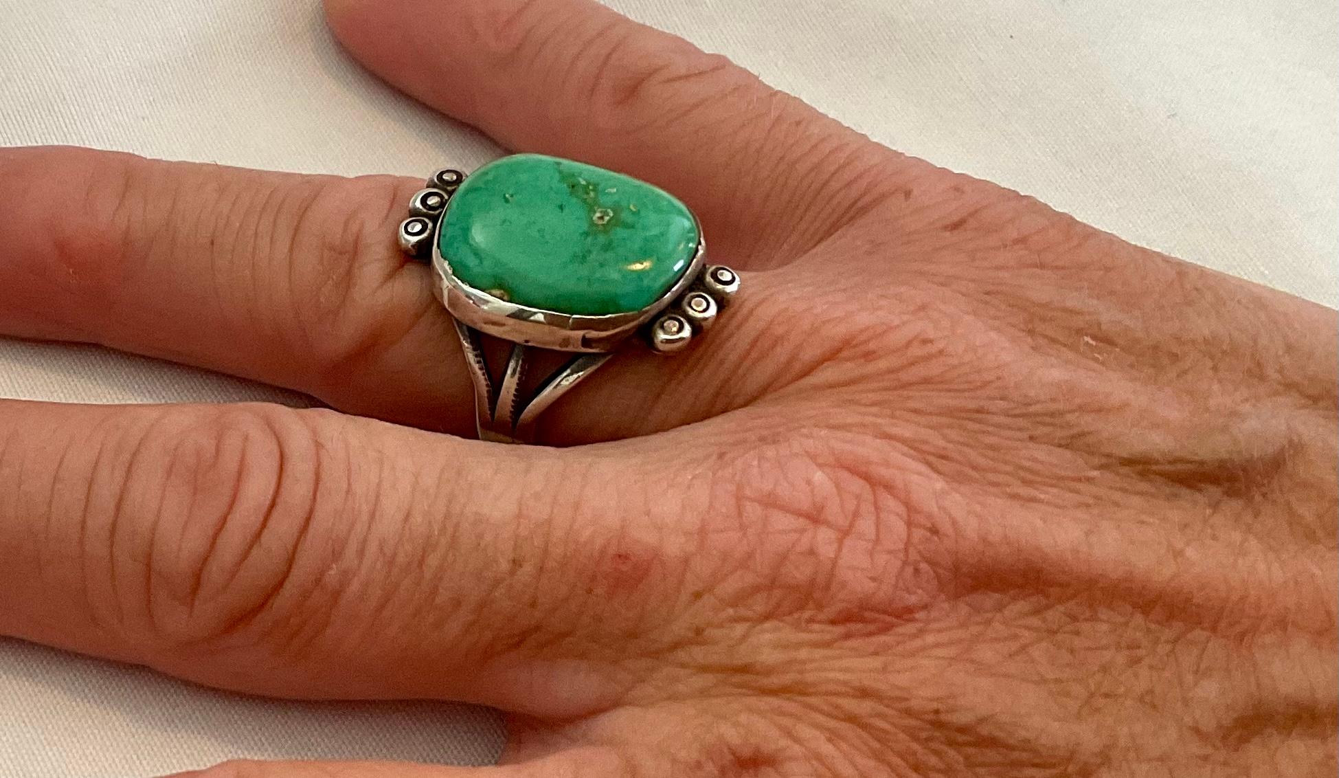 Cabochon Old Pawn Native American Carico Lake Green Turquoise Sterling Silver Ring