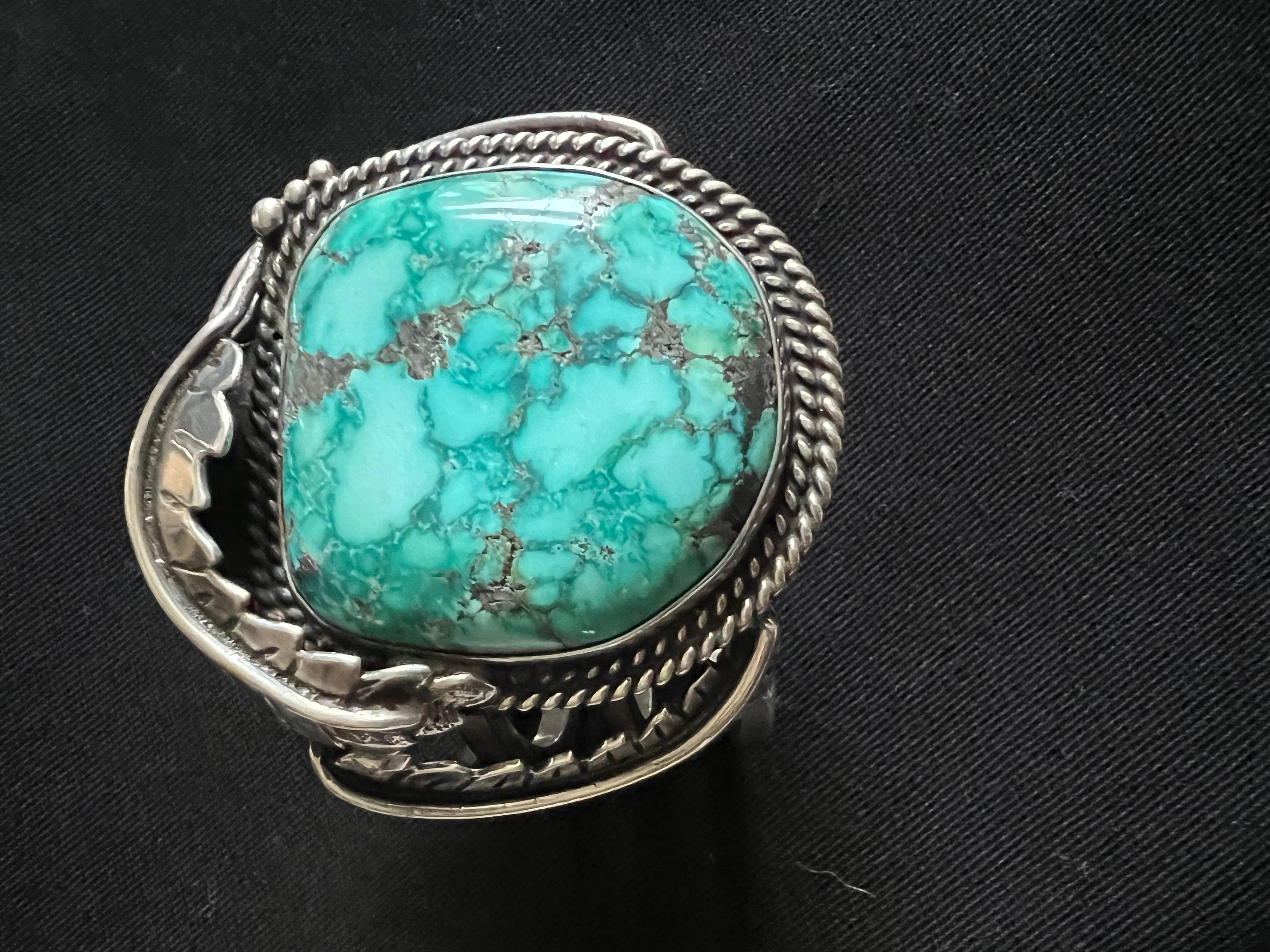 Cabochon Old Pawn Native American Cerrillos Turquoise and Sterling Cuff For Sale