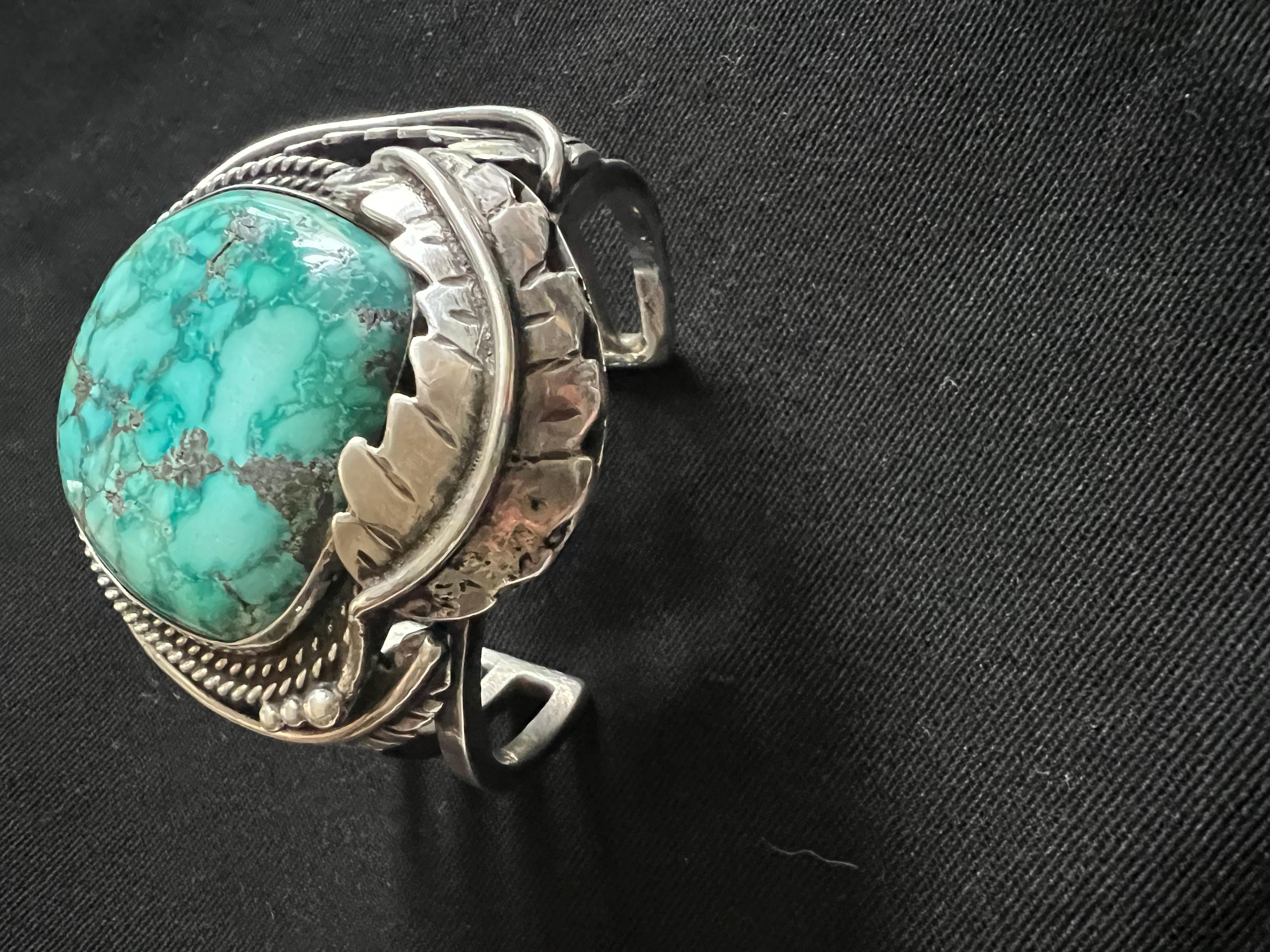 Old Pawn Native American Cerrillos Turquoise and Sterling Cuff For Sale 1