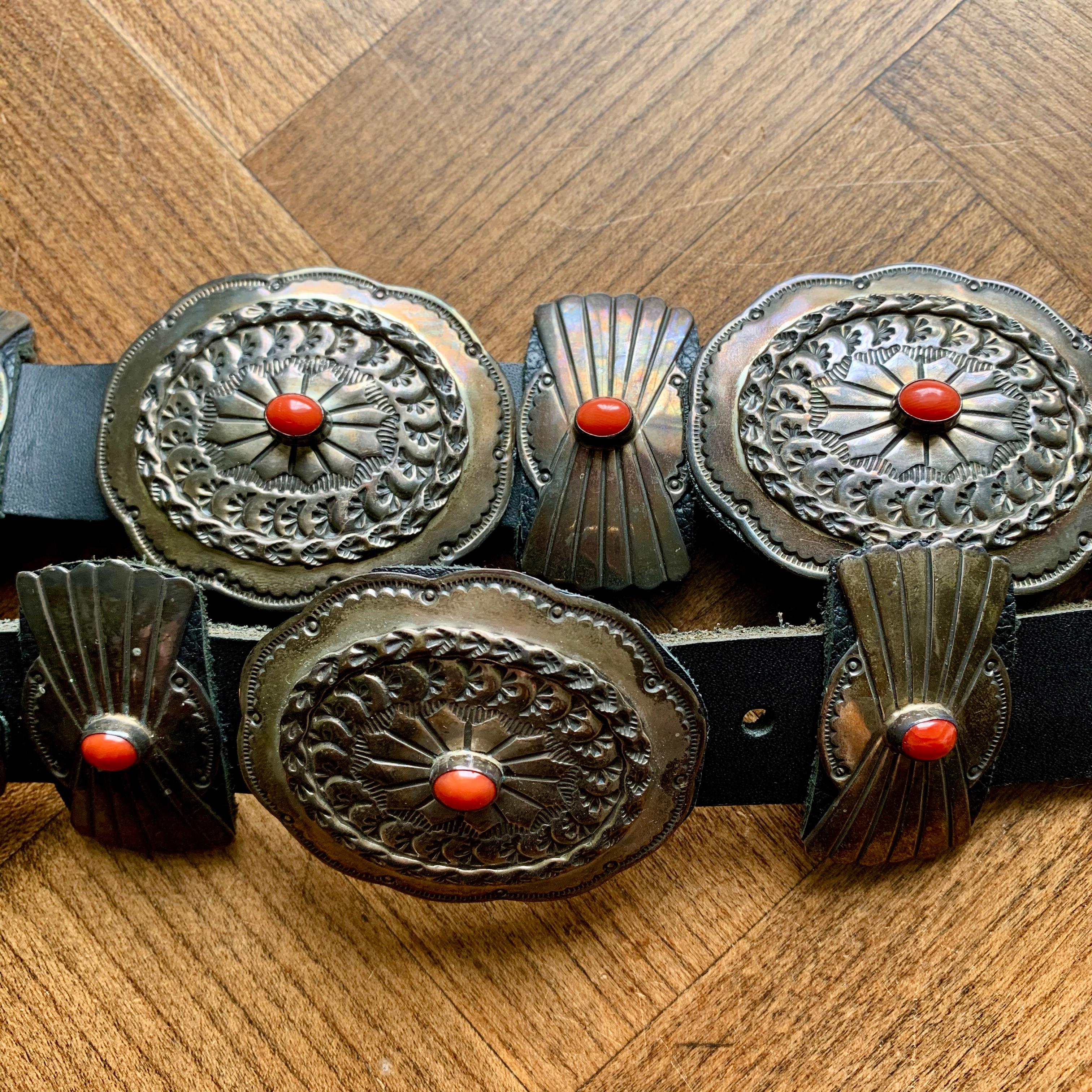 Old Pawn Navajo Native American Coral & Stamped Sterling Concho Belt, Signed LC 8