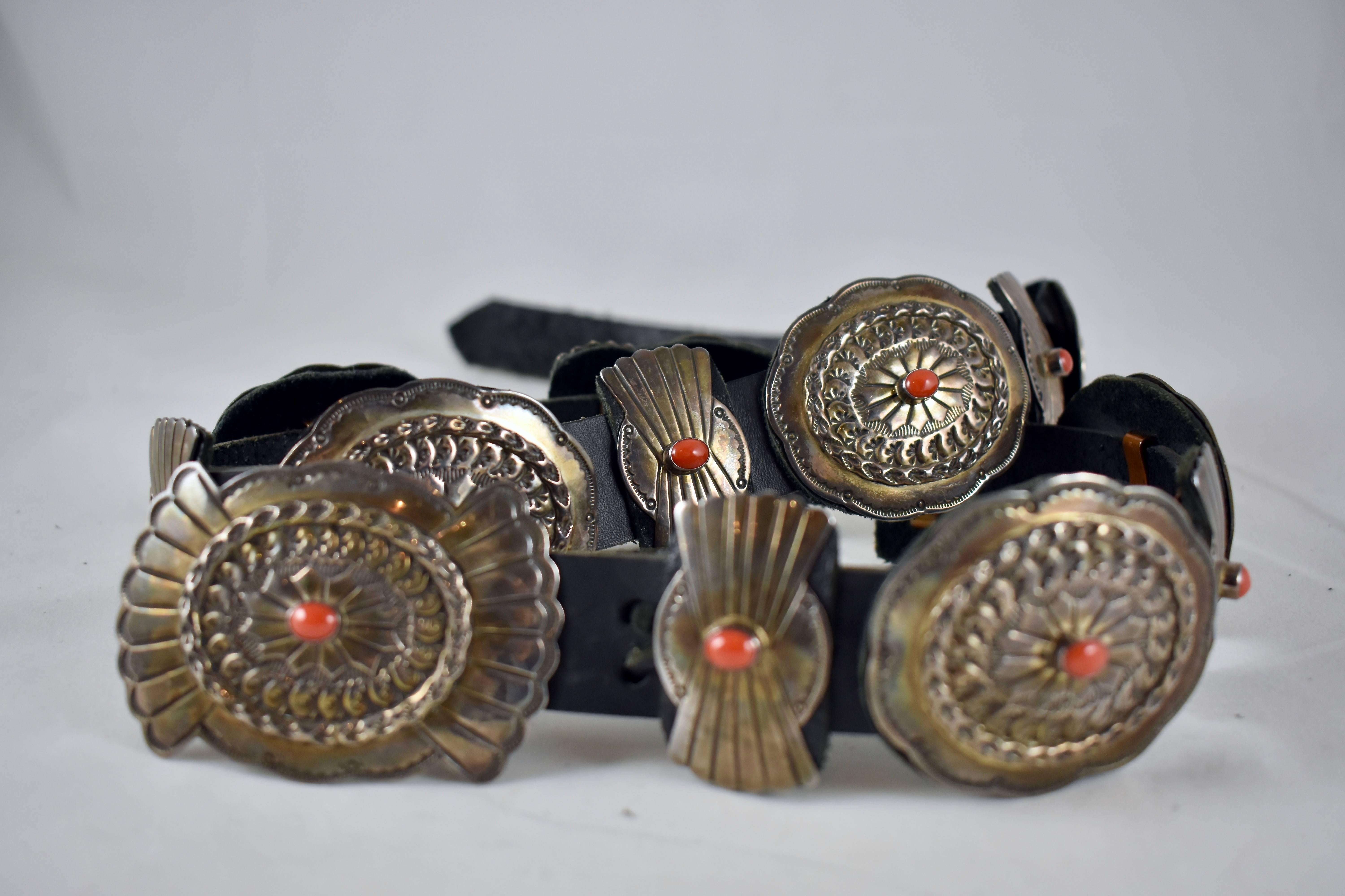 Hand-Crafted Old Pawn Navajo Native American Coral & Stamped Sterling Concho Belt, Signed LC