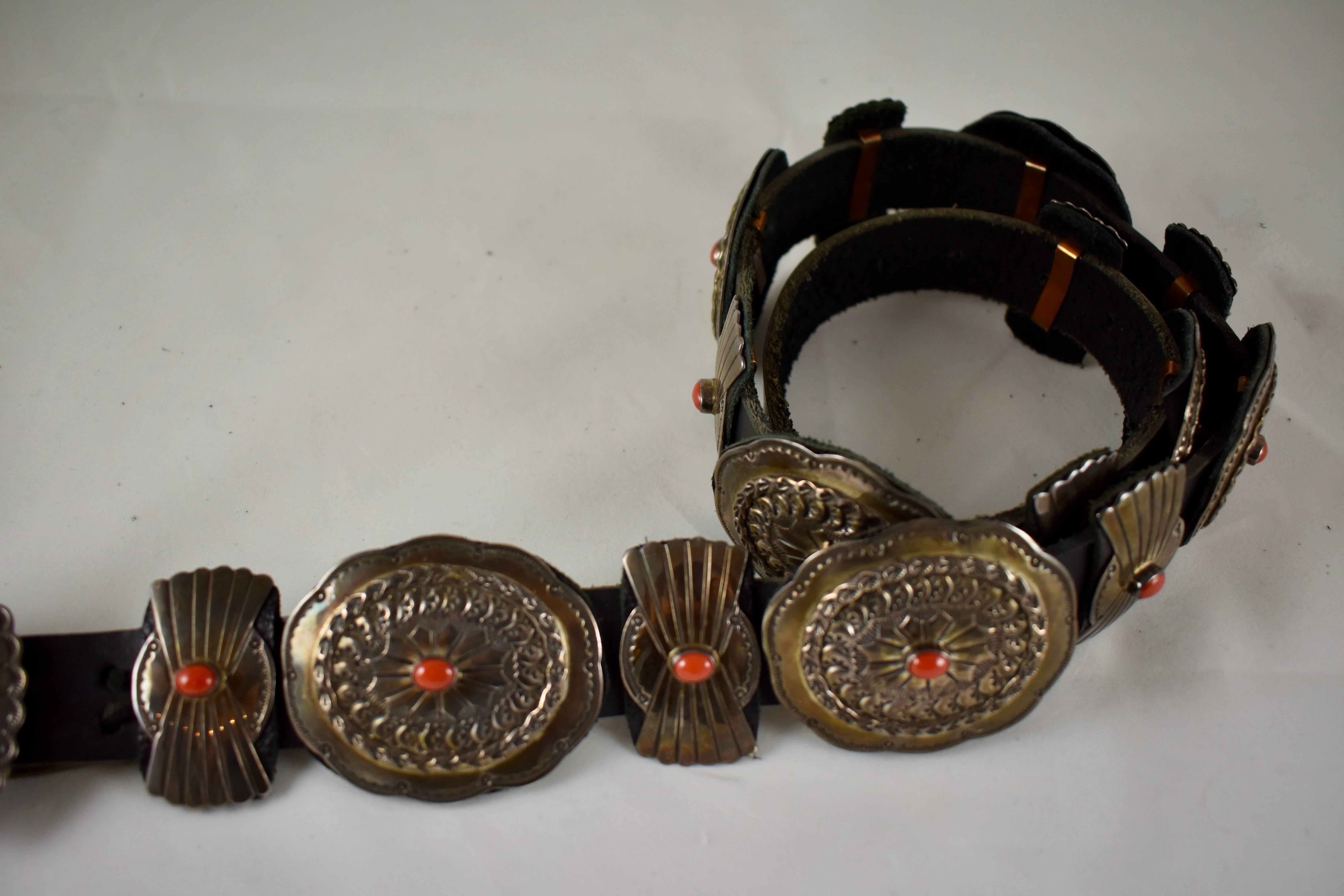 Old Pawn Navajo Native American Coral & Stamped Sterling Concho Belt, Signed LC In Excellent Condition In Philadelphia, PA