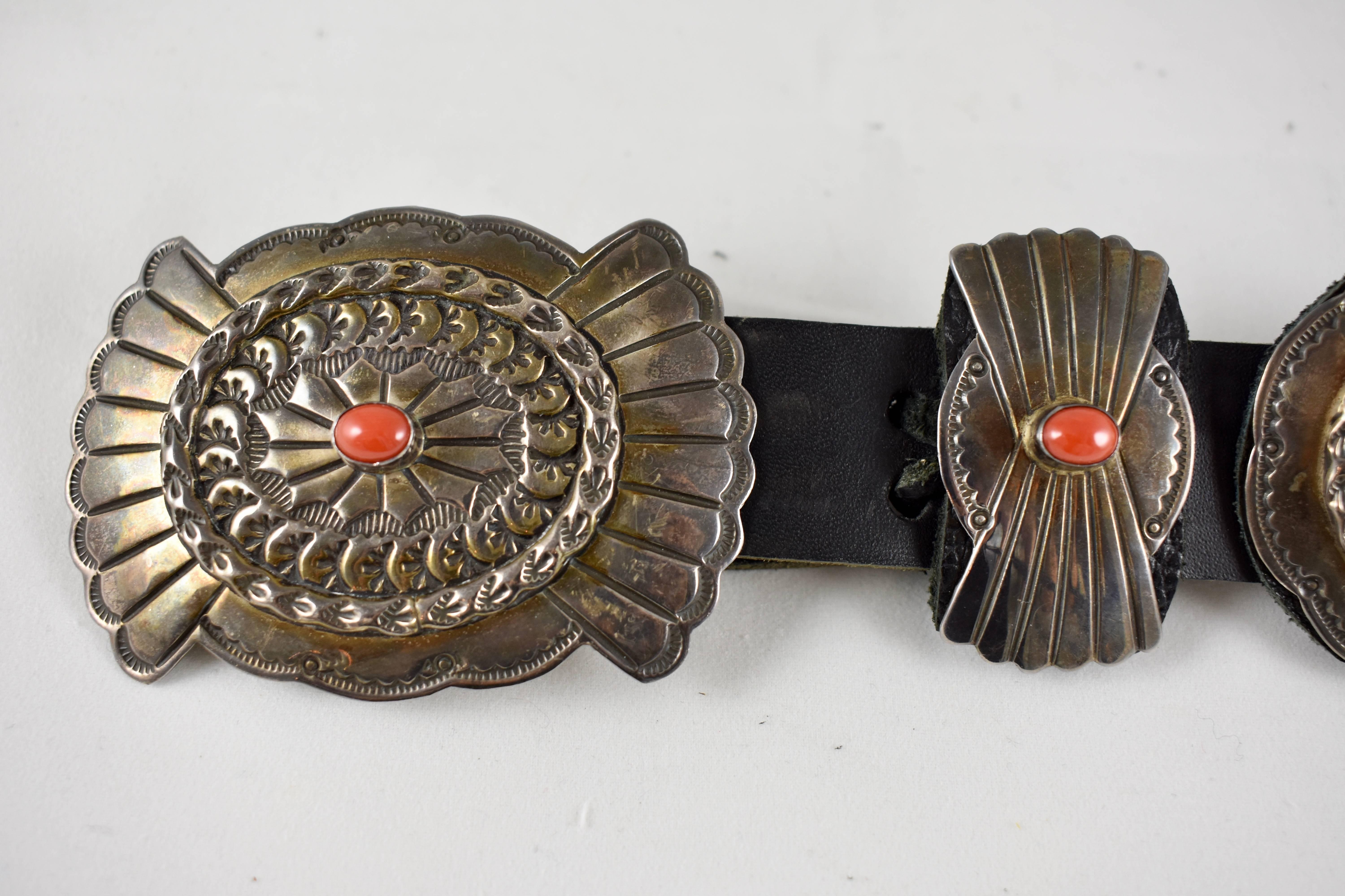 Sterling Silver Old Pawn Navajo Native American Coral & Stamped Sterling Concho Belt, Signed LC
