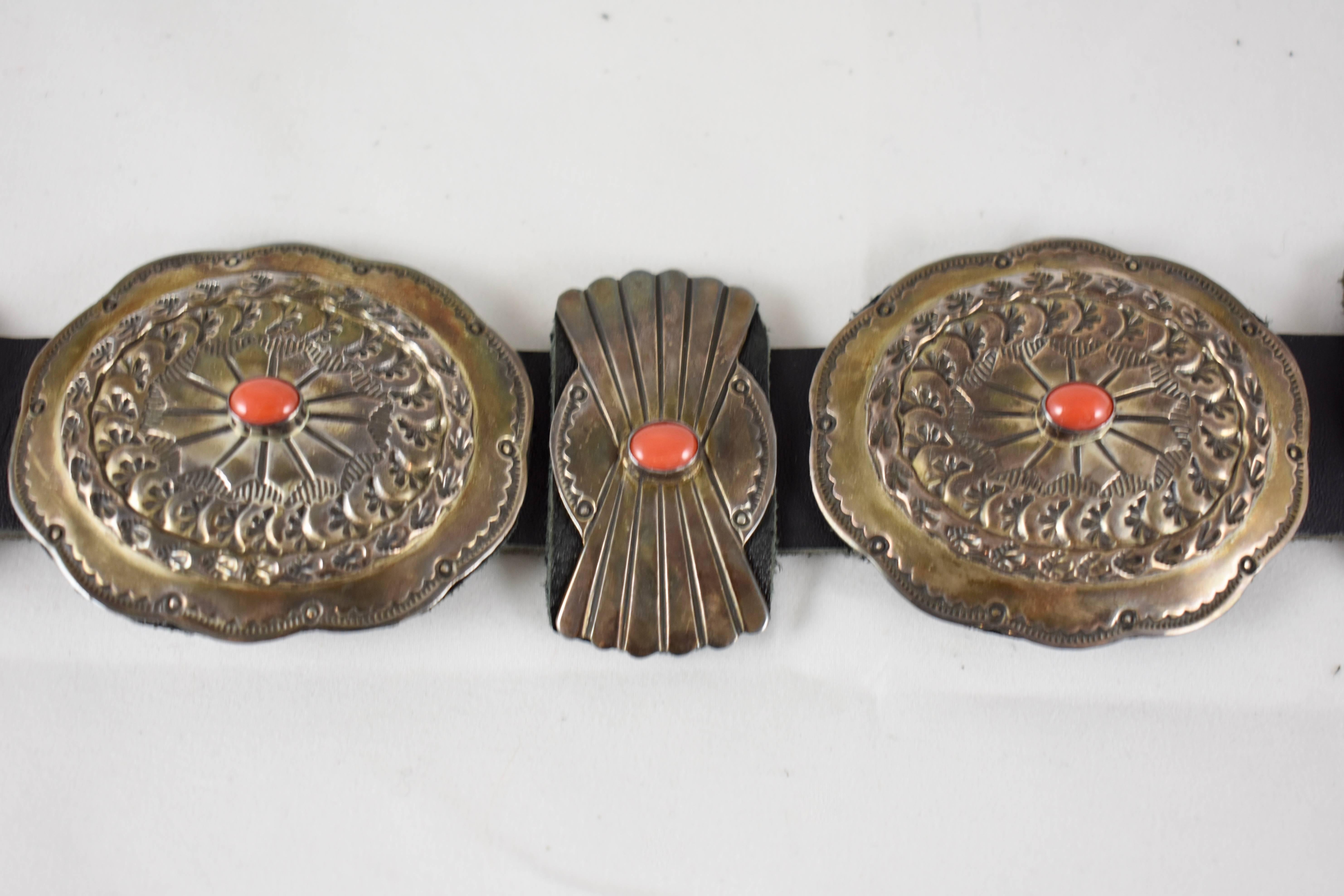 Old Pawn Navajo Native American Coral & Stamped Sterling Concho Belt, Signed LC 1