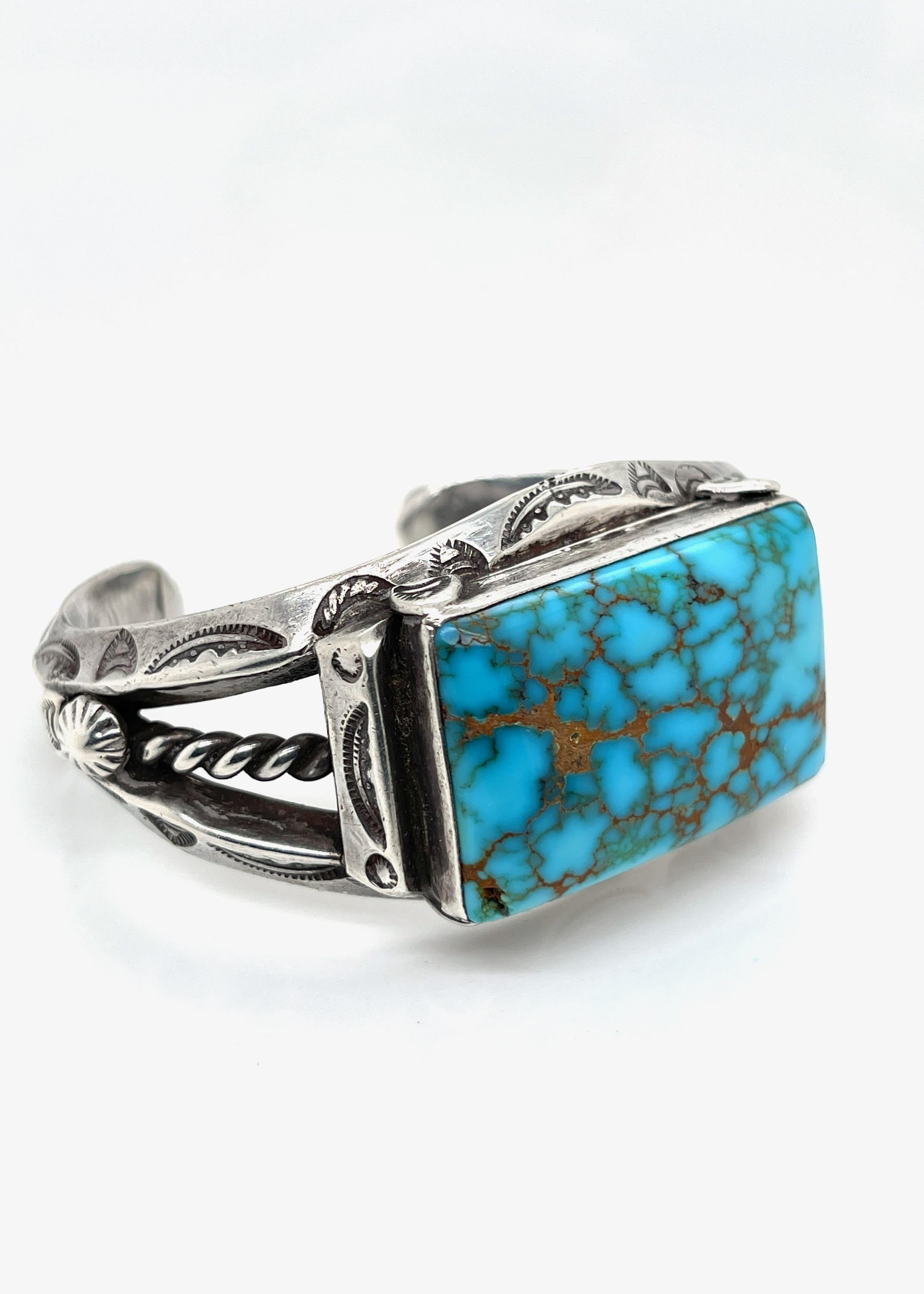 Cabochon Old Pawn Navajo Native American Silver & Matrix Turquoise Cuff Bracelet