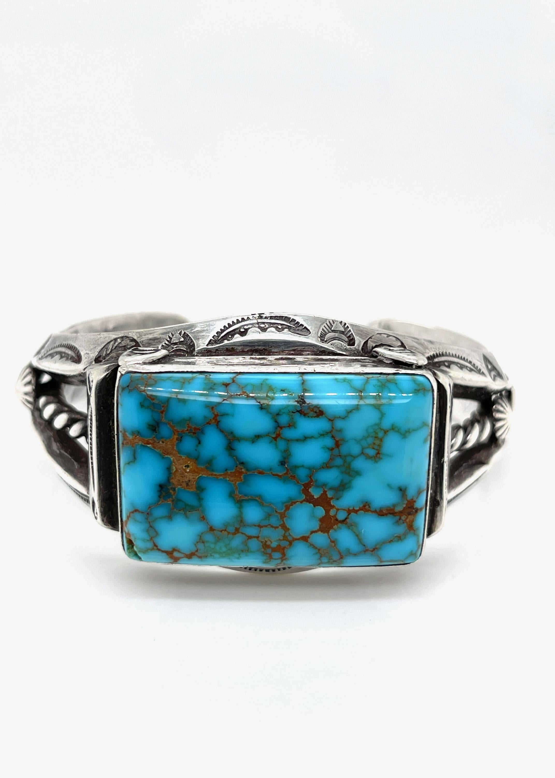 Old Pawn Navajo Native American Silver & Matrix Turquoise Cuff Bracelet In Good Condition In Philadelphia, PA