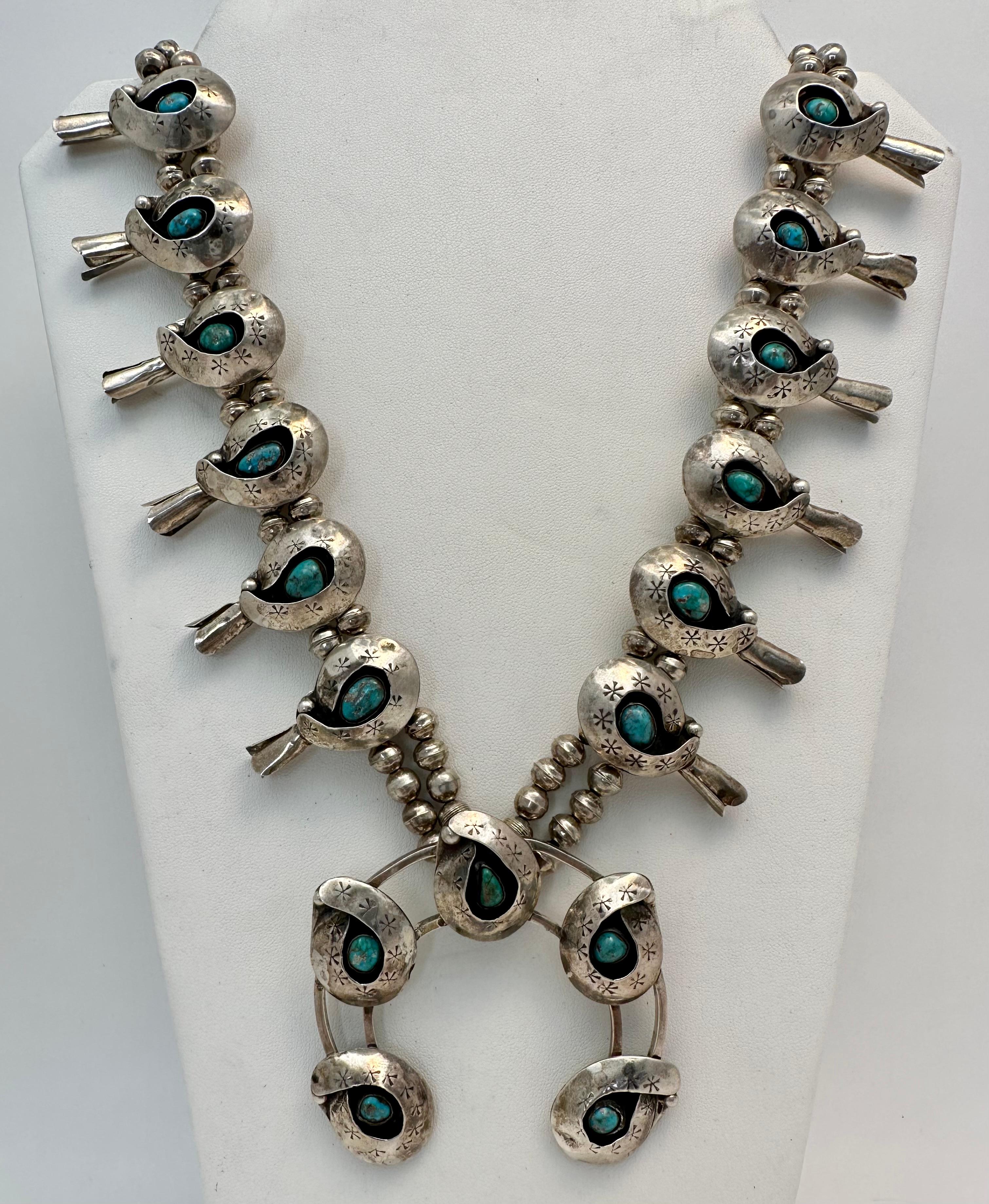 Vintage Navajo Handmade Sterling Silver .925 Turquoise Squash blossom. 
Measures approximately 24