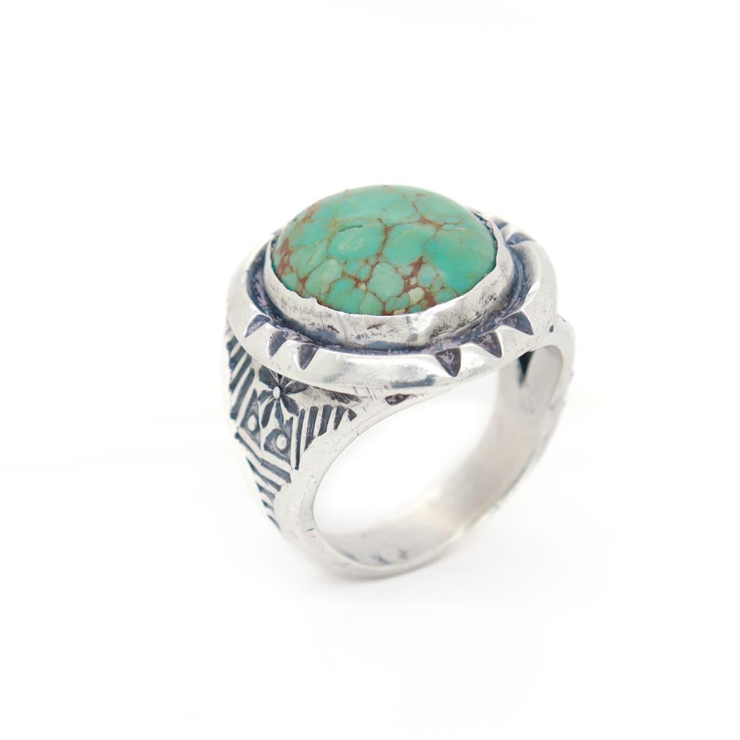 Old Pawn Navajo Sterling Silver and Turquoise Cabochon Ring For Sale 6
