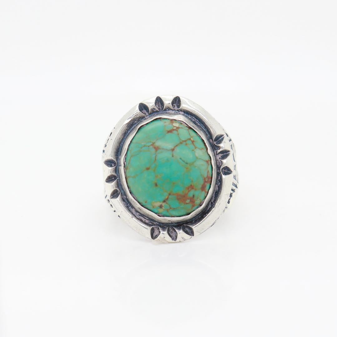 Women's or Men's Old Pawn Navajo Sterling Silver and Turquoise Cabochon Ring For Sale