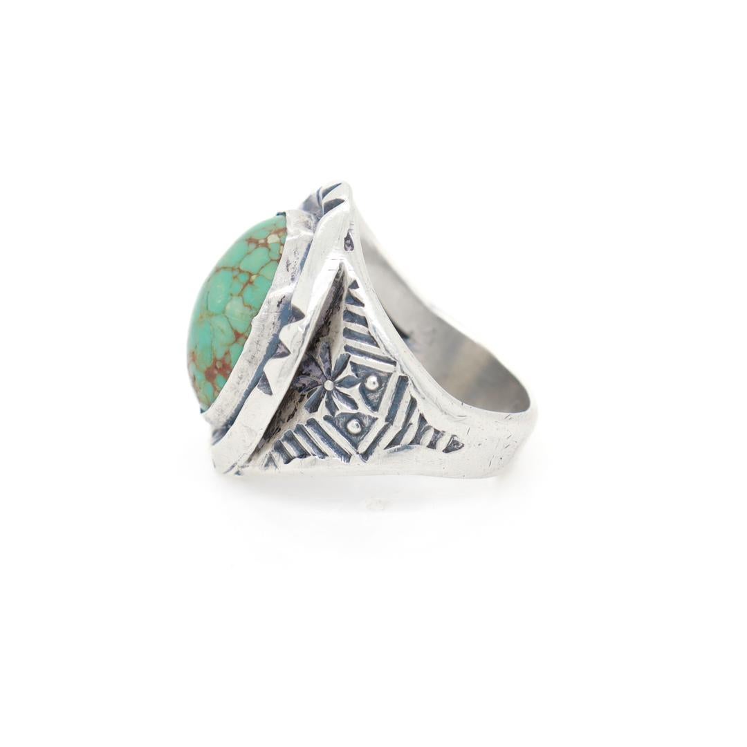 Old Pawn Navajo Sterling Silver and Turquoise Cabochon Ring For Sale 1
