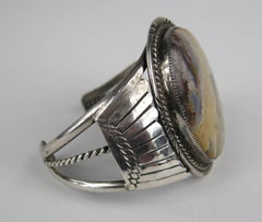 Old Pawn Navajo Sterling Silver Petrified Wood Cuff Bracelet
