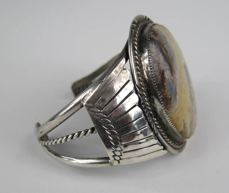 Old Pawn Navajo Sterling Silver Petrified Wood Cuff Bracelet For Sale