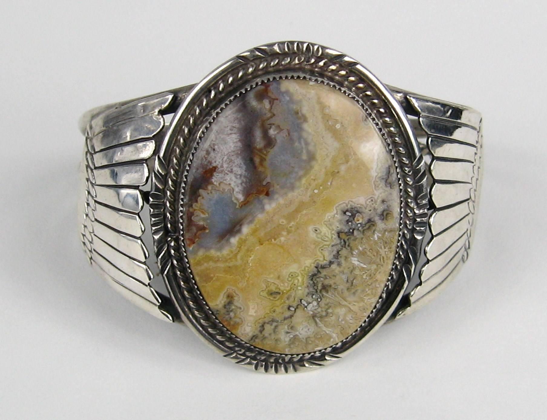 Old Pawn Navajo Sterling Silver Petrified Wood Cuff Bracelet  In Good Condition In Wallkill, NY