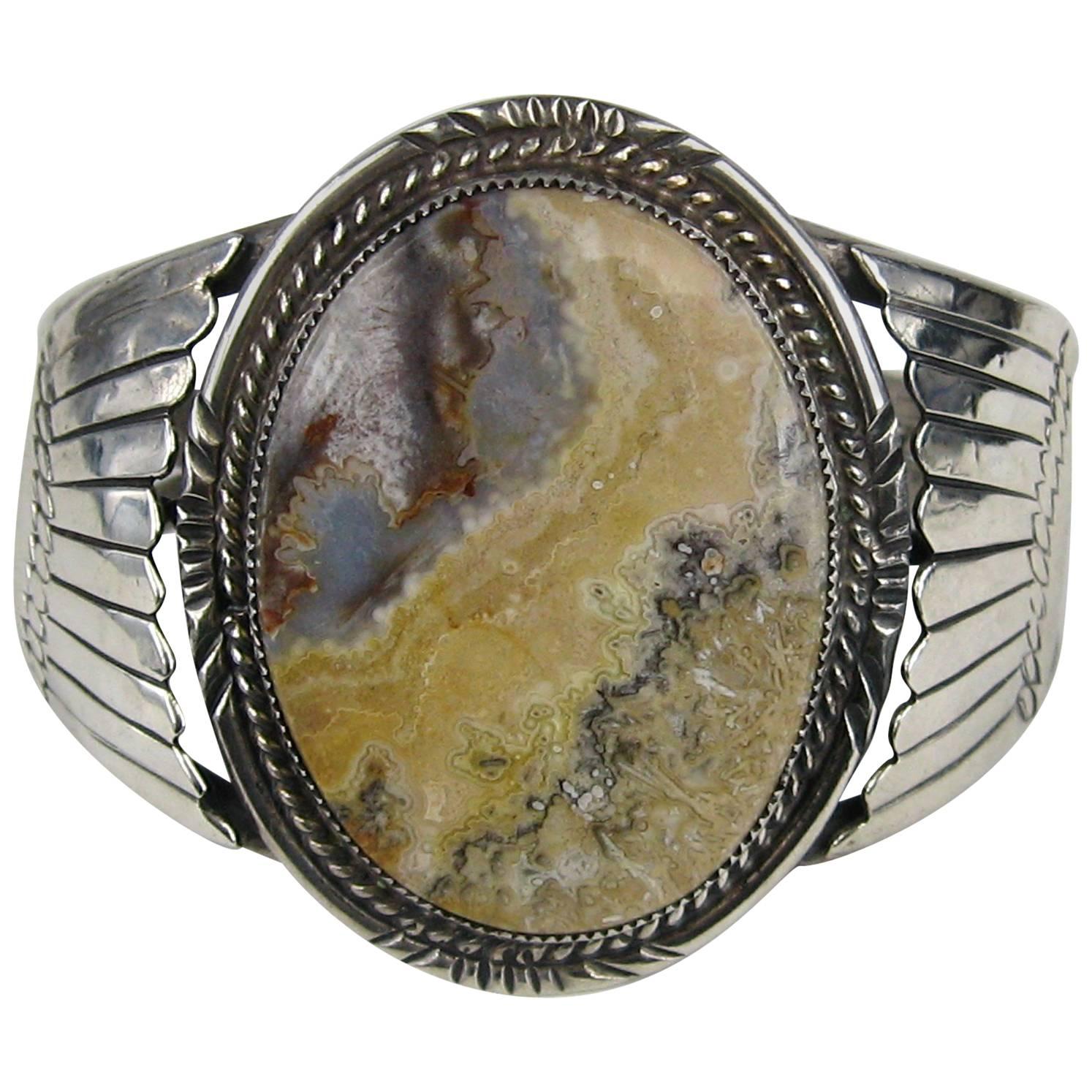 Old Pawn Navajo Sterling Silver Petrified Wood Cuff Bracelet