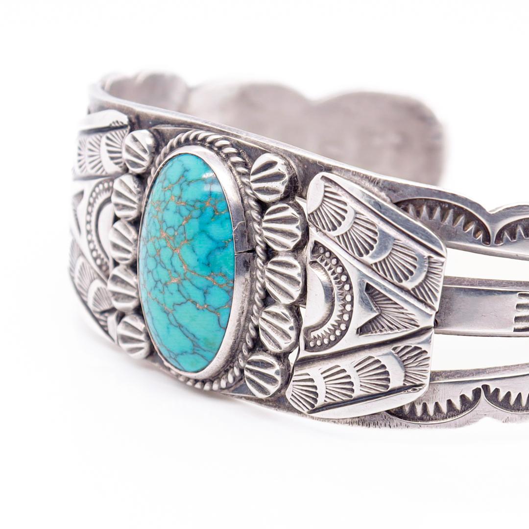 Old Pawn Sterling Silver & Matrix Turquoise Cabochon Cuff Bracelet For Sale 4