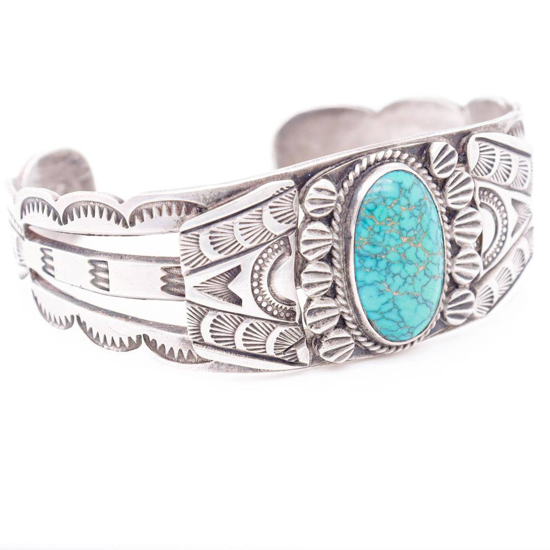 Old Pawn Sterling Silver & Matrix Turquoise Cabochon Cuff Bracelet For Sale 2
