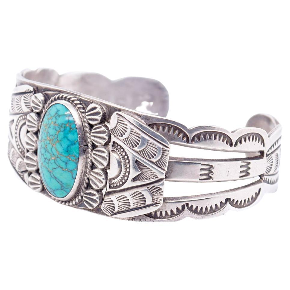 Old Pawn Sterling Silver & Matrix Turquoise Cabochon Cuff Bracelet For Sale