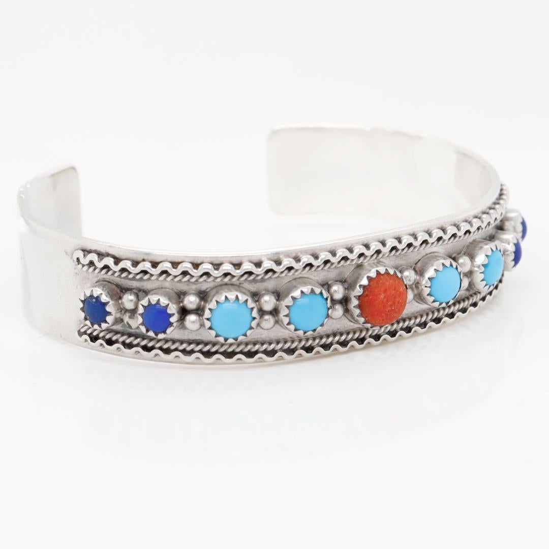 Old Pawn Sterling Silver Multi-Gemstone Cuff Bracelet by Running Bear In Good Condition For Sale In Philadelphia, PA
