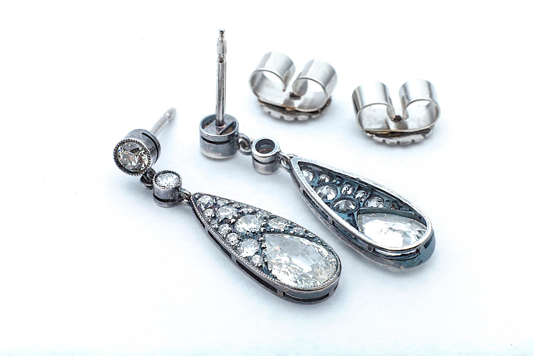 Old Pear Cut Diamond Platinum Drop Earrings 1