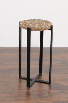 Old Pebble Stone Drink Tabletop Mounted on Custom-Made Iron Base