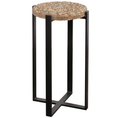 Old Pebble Stone Drink Tabletop Mounted on Custom-Made Iron Base