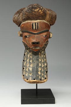 Old Pende giwoyo Red Mask with Beard and Woven Raffia Hair Cap Congo Africa