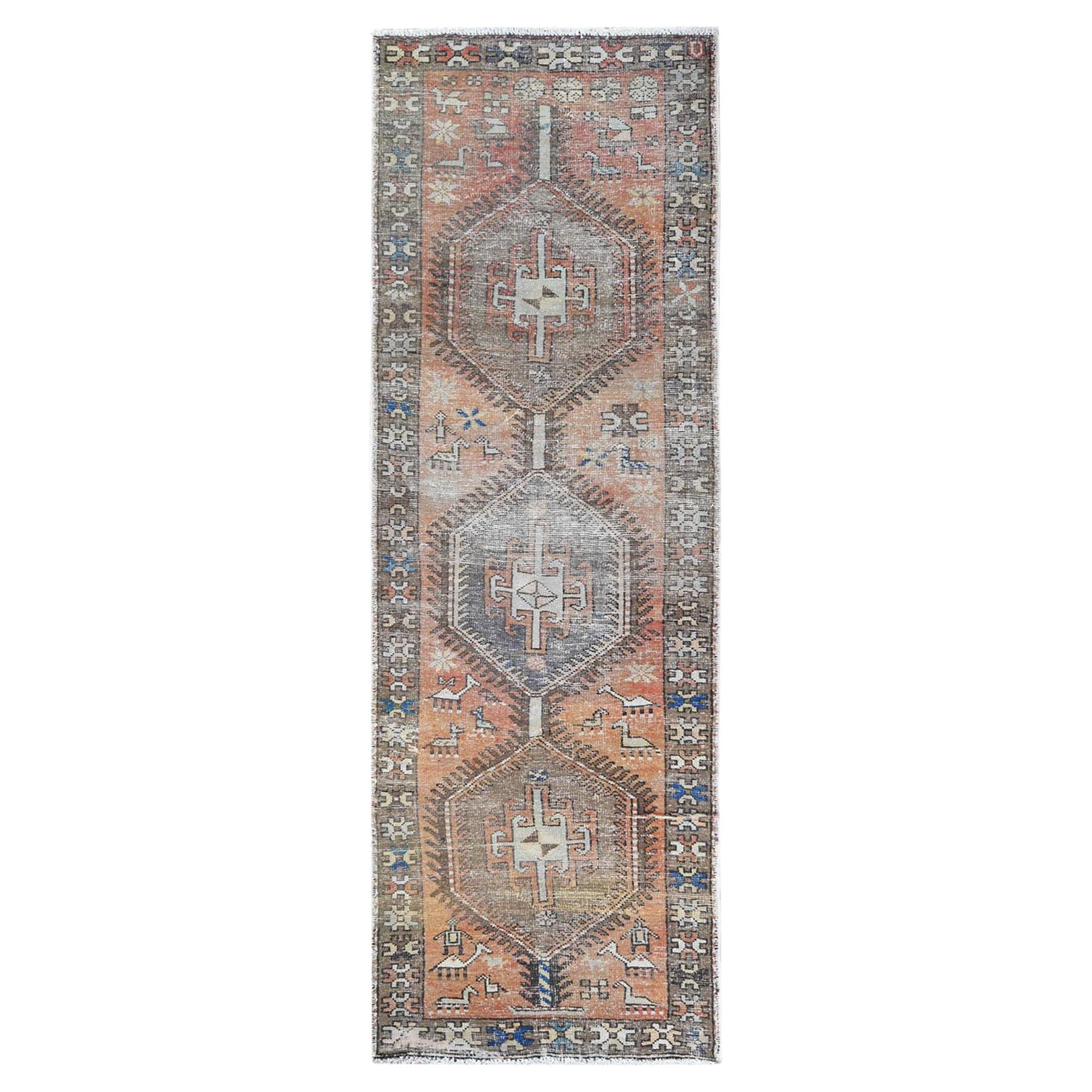 Old Persian Heriz Sheared Low Organic Wool Hand Knotted Apricot Color Rug