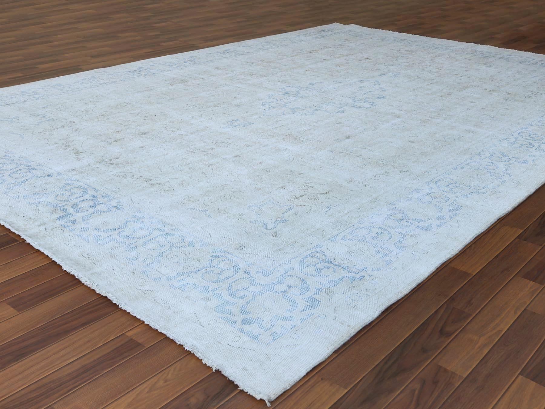Hand-Knotted Old Persian Kerman Ivory Distressed Look Clean Organic Wool Hand Knotted Rug