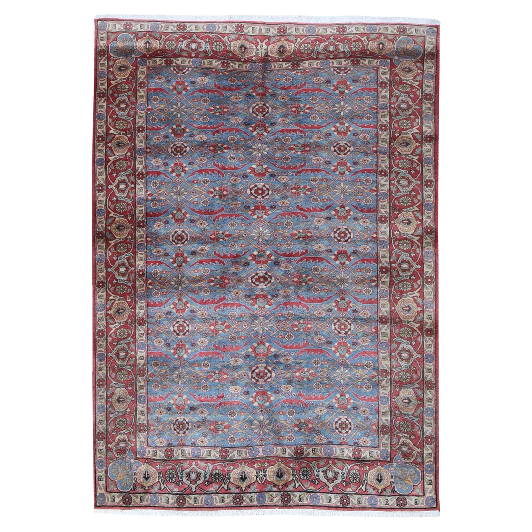 Old Persian Tabriz All Over Design Light Blue Dense Weave Wool Hand Knotted Rug For Sale