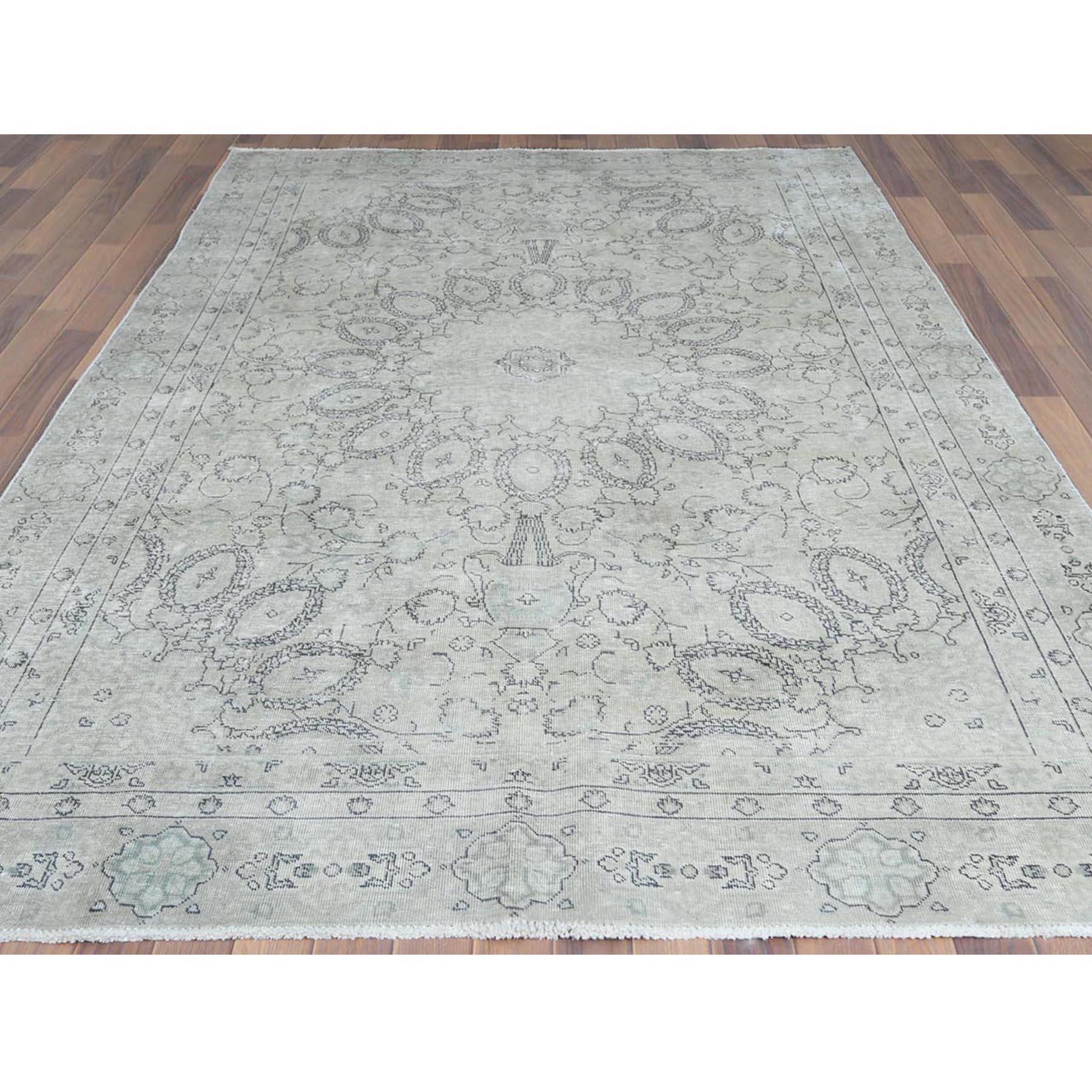 Hand-Knotted Old Persian Tabriz Clean Cropped Thin Wool Antique Wash Ivory Hand Knotted Rug